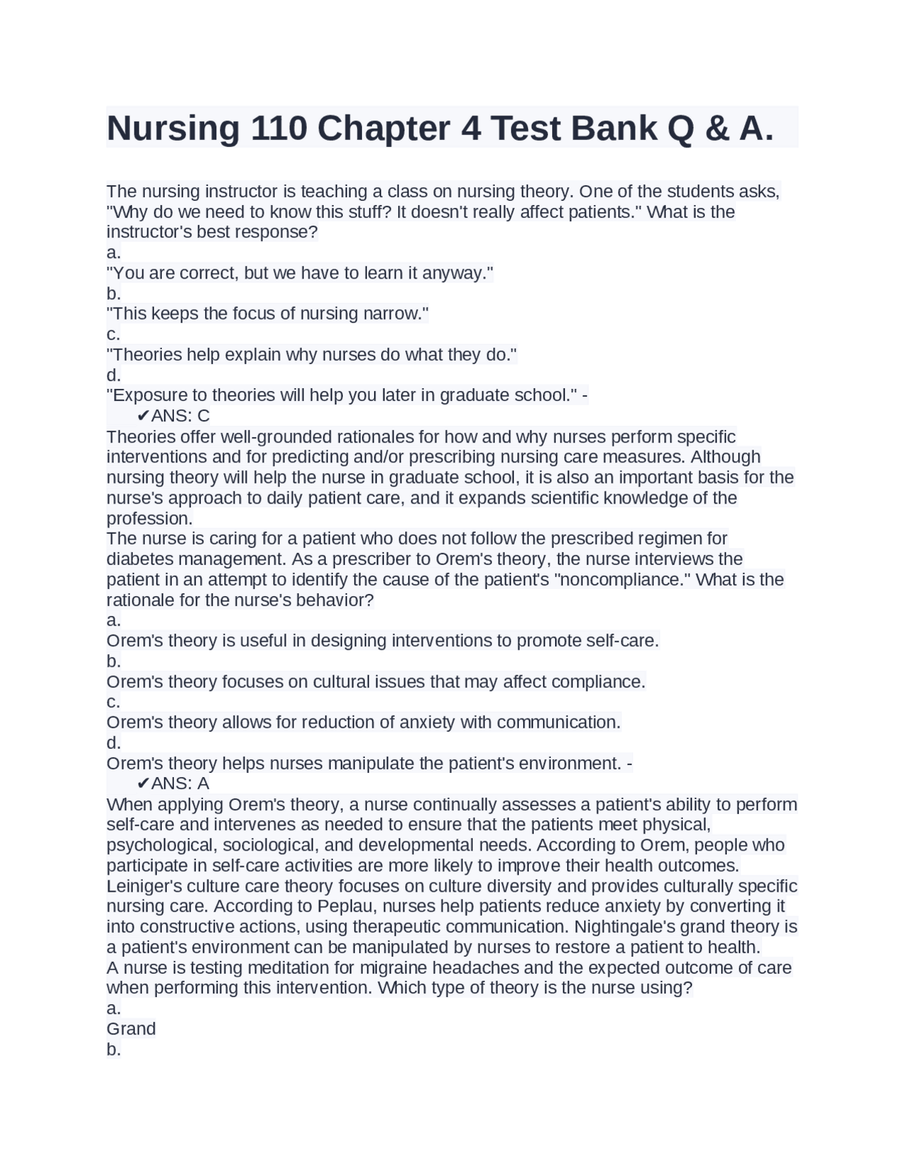 Nursing 110 Chapter 4 Test Bank Questions & Answers | Exams Nursing ...