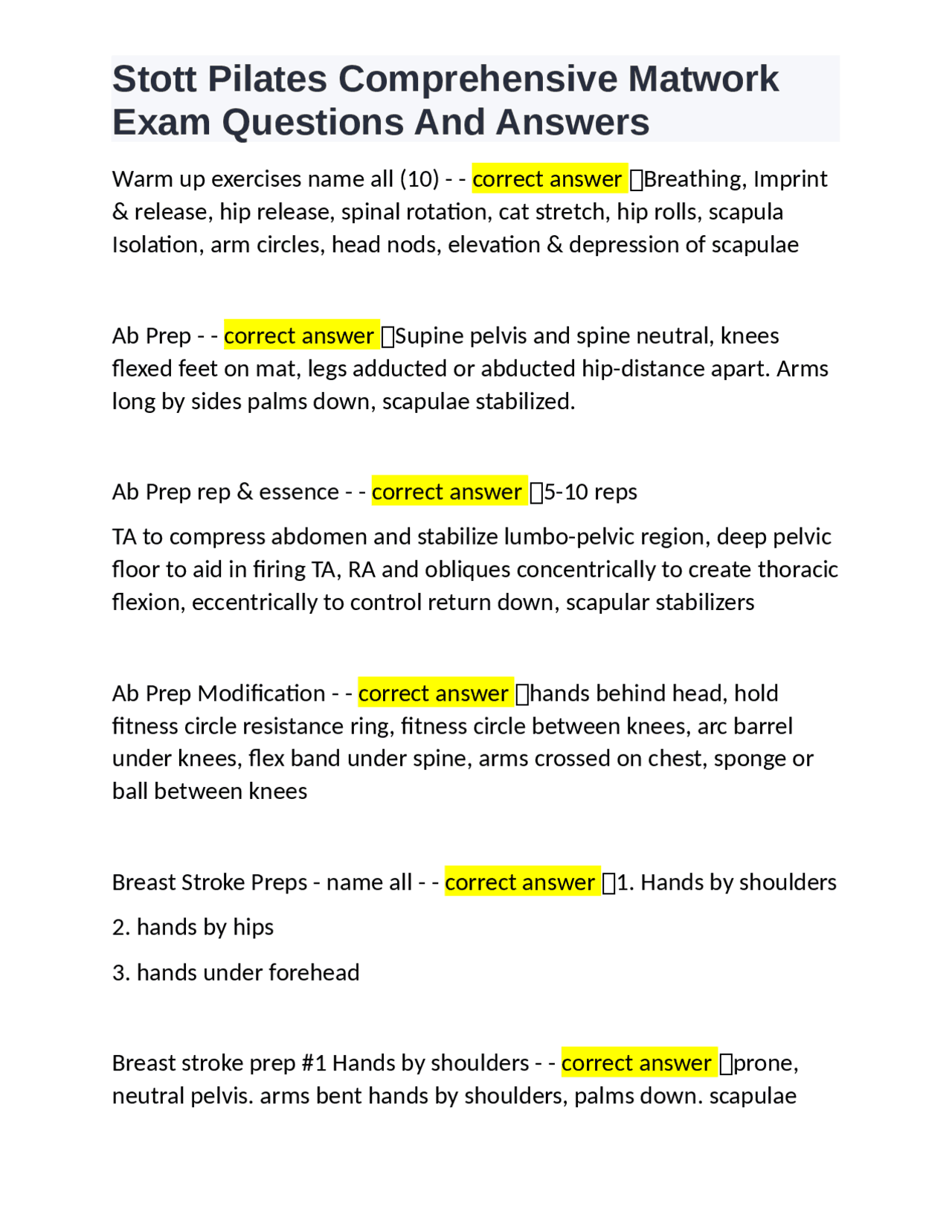 Stott Pilates Comprehensive Matwork Exam Questions And Answers