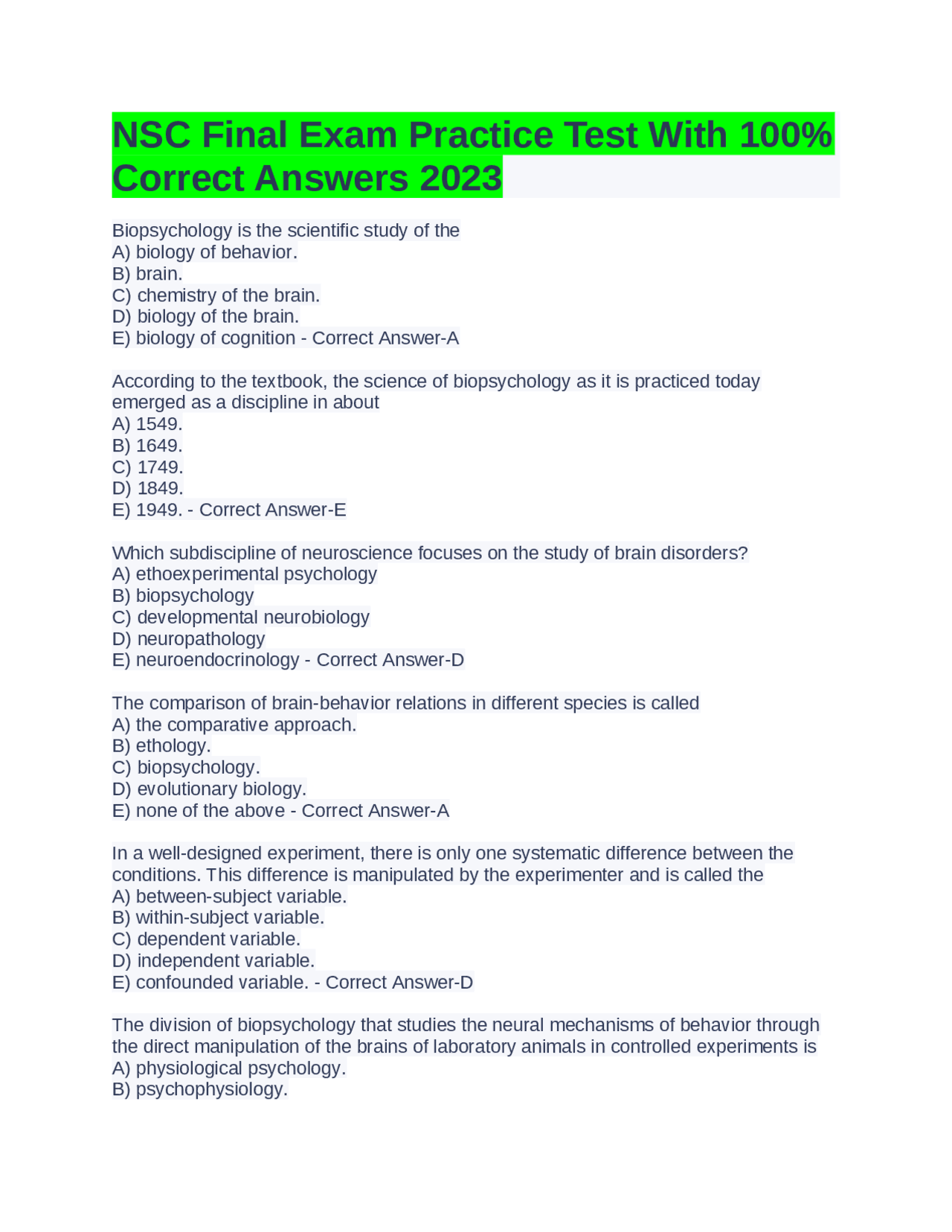 Nsc Testing NSC Final Exam Practice Test With 100% Correct Answers 2023 | Exams ...