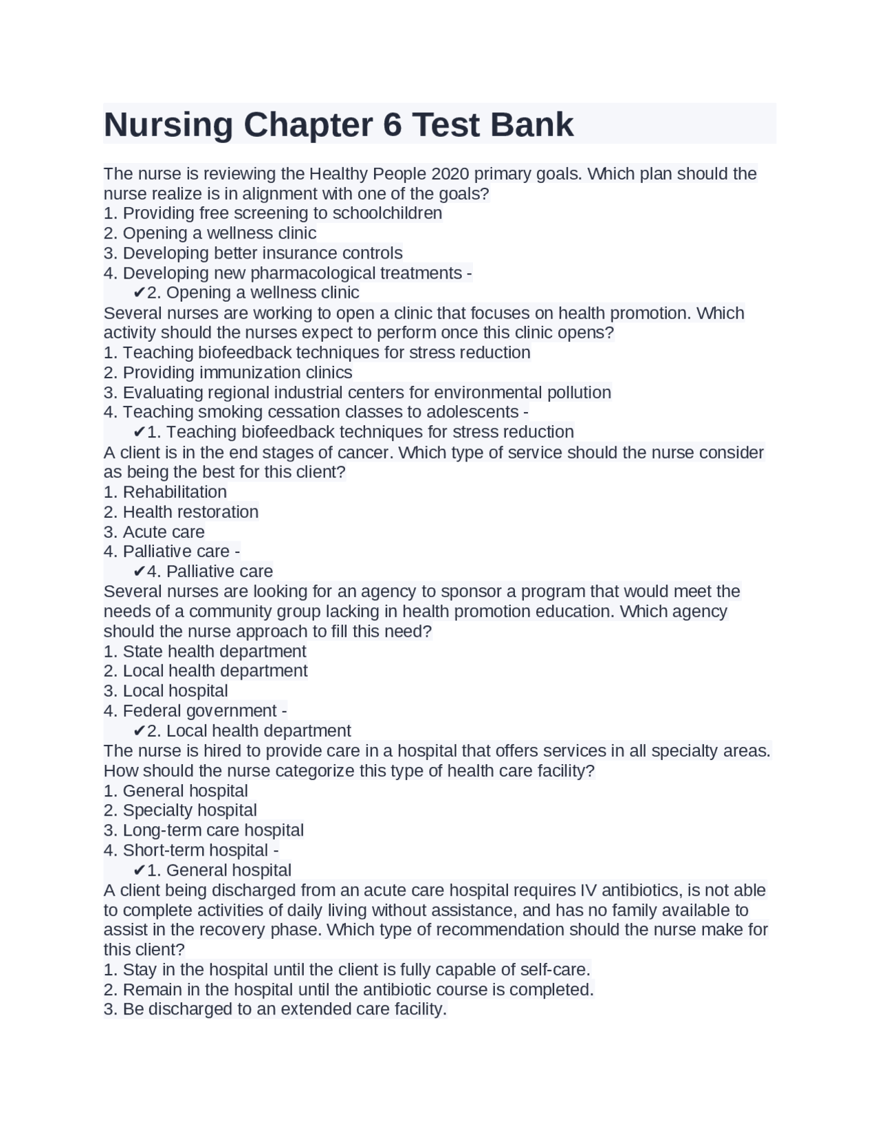 Nursing Chapter 6 Test Bank | Exams Nursing | Docsity