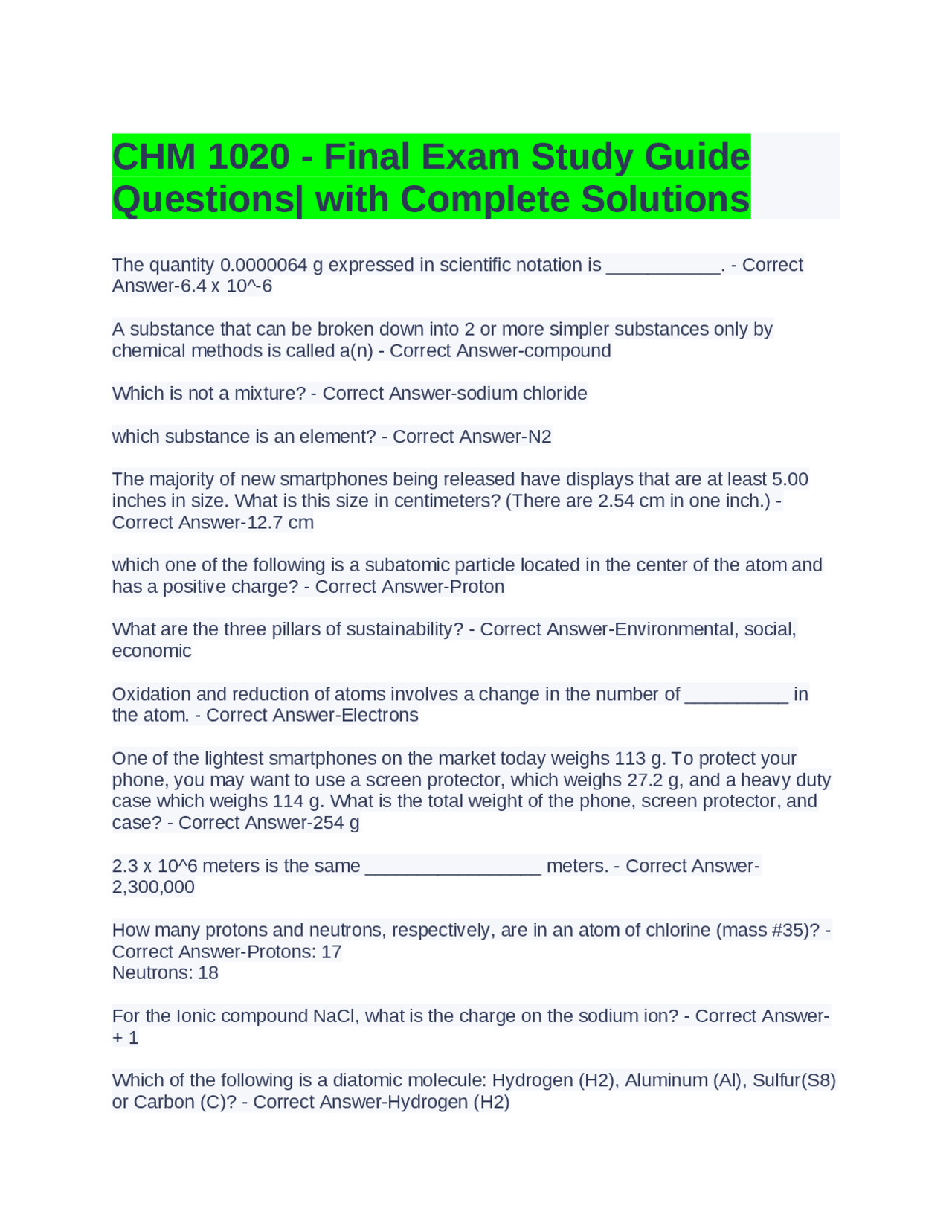 CHM 1020 - Final Exam Study Guide Questions| with Complete Solutions ...
