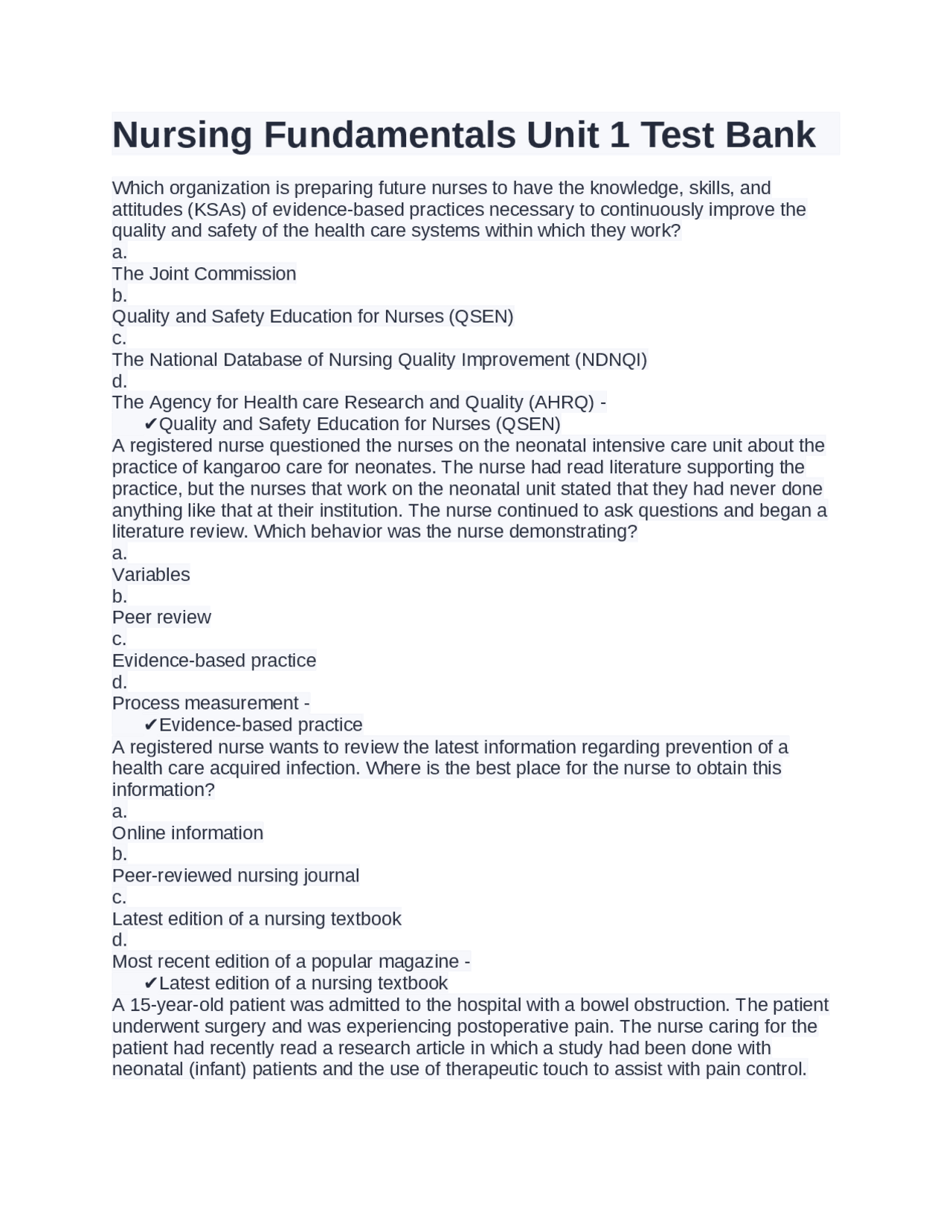 Nursing Fundamentals Unit 1 Test Bank | Exams Nursing | Docsity