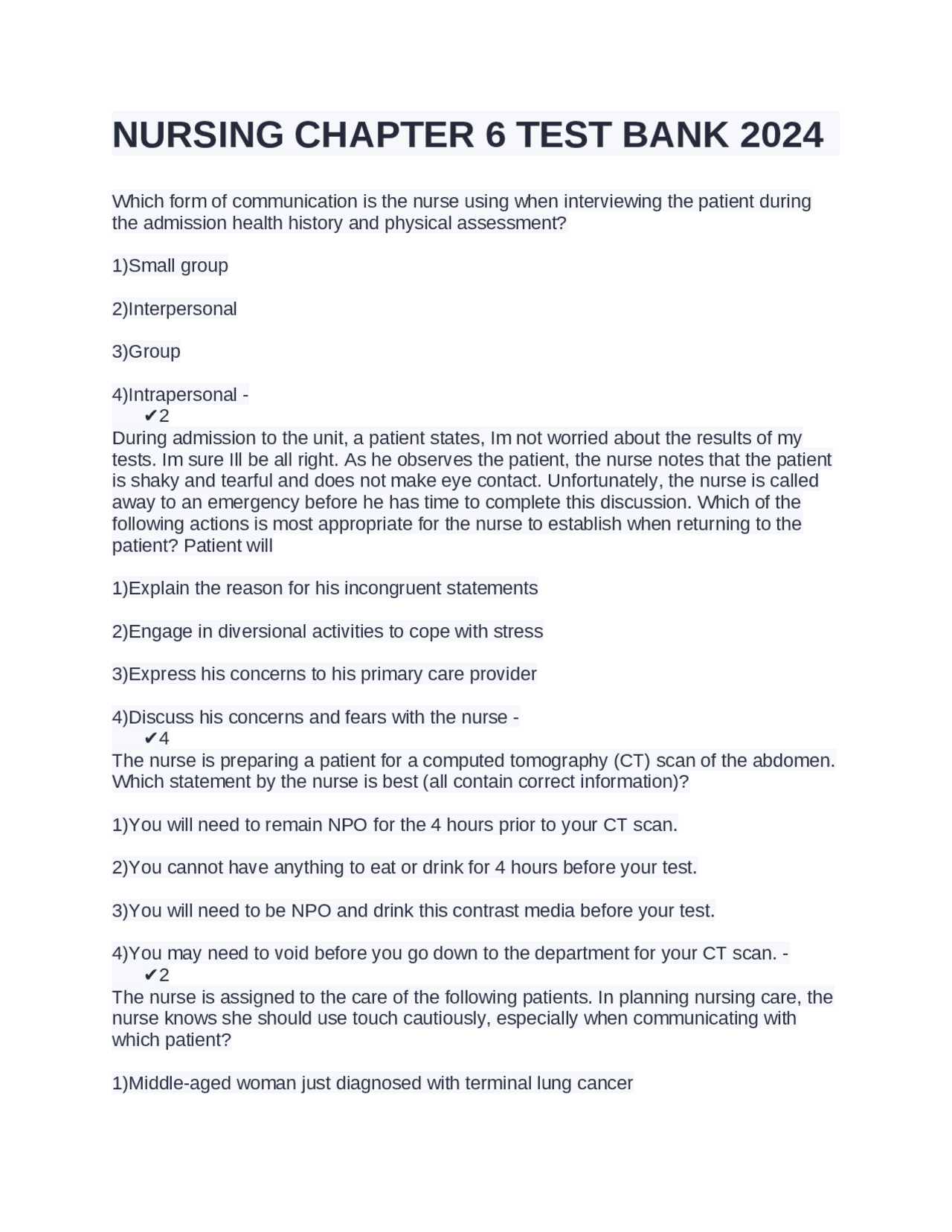 NURSING CHAPTER 6 TEST BANK | Exams Nursing | Docsity