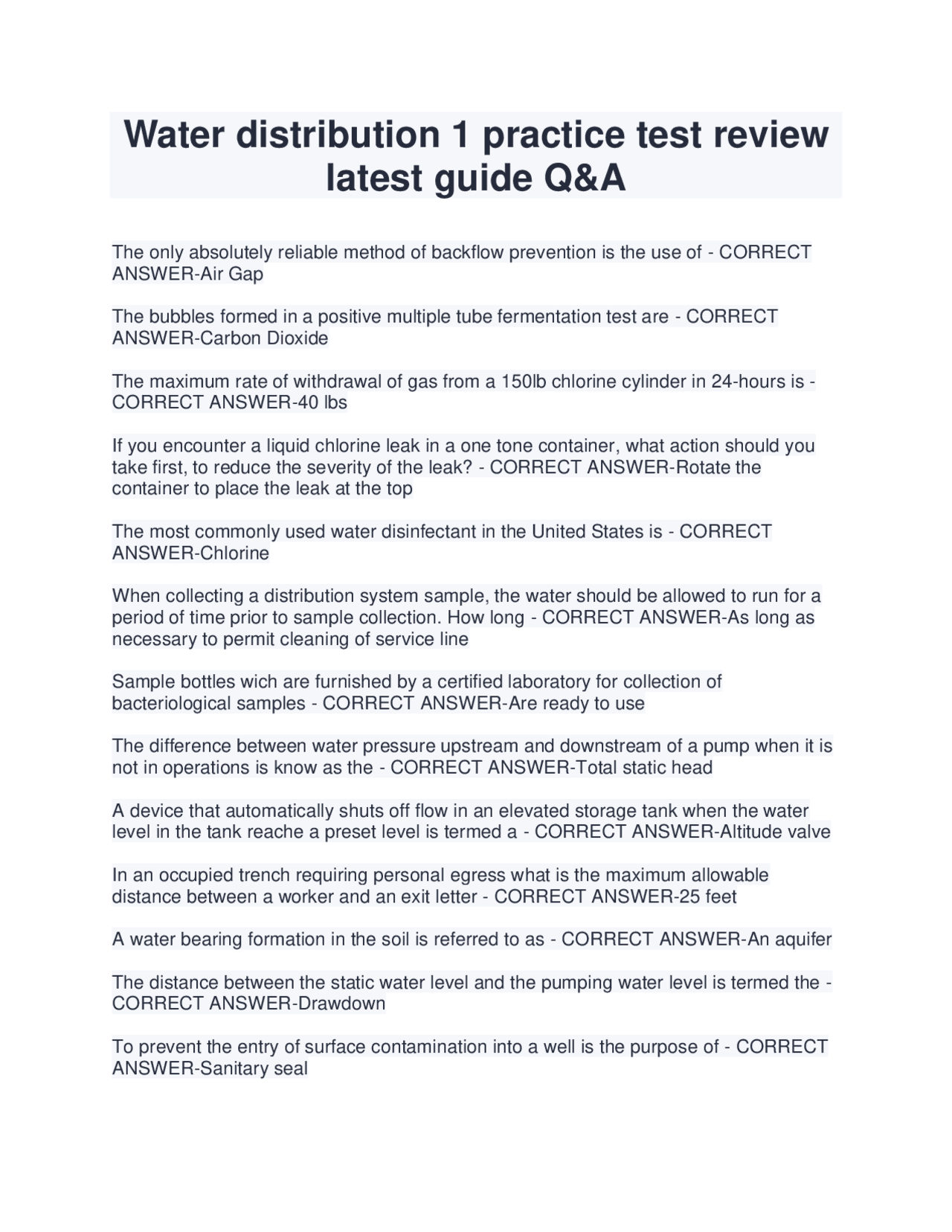 Water distribution 1 practice test review latest guide Q&A | Exams ...