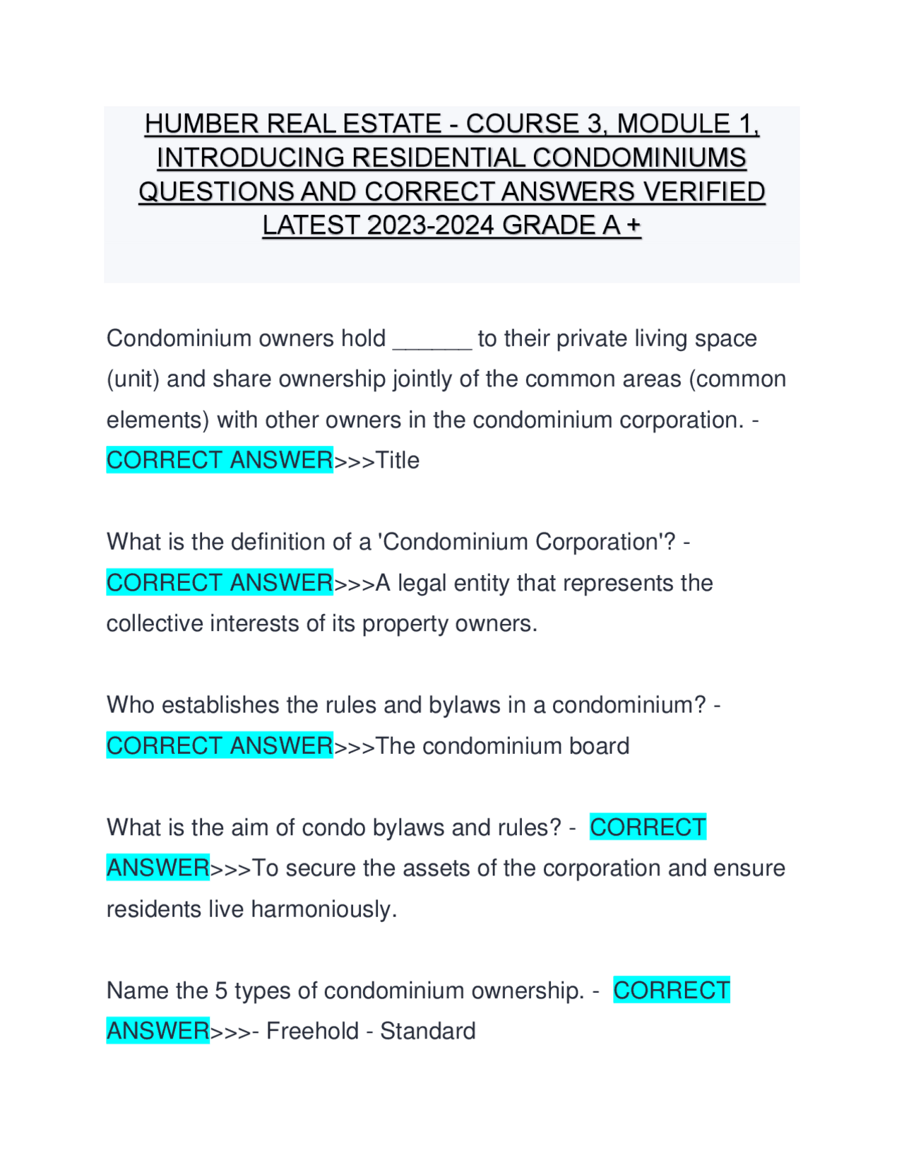Humber Real Estate Course 3 Module 1 Introducing Residential