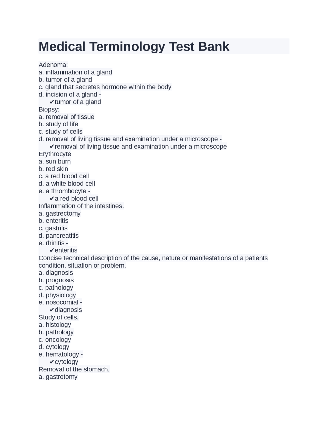 Medical Terminology Test Bank | Exams Medicine | Docsity