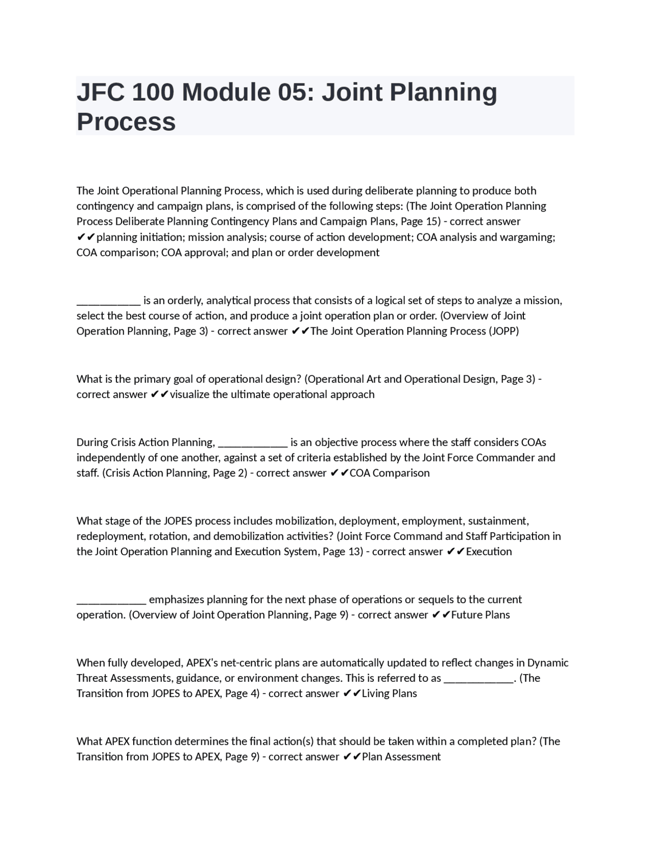 JFC 100 Module 05: Joint Planning Process questions n answers rated A+ ...