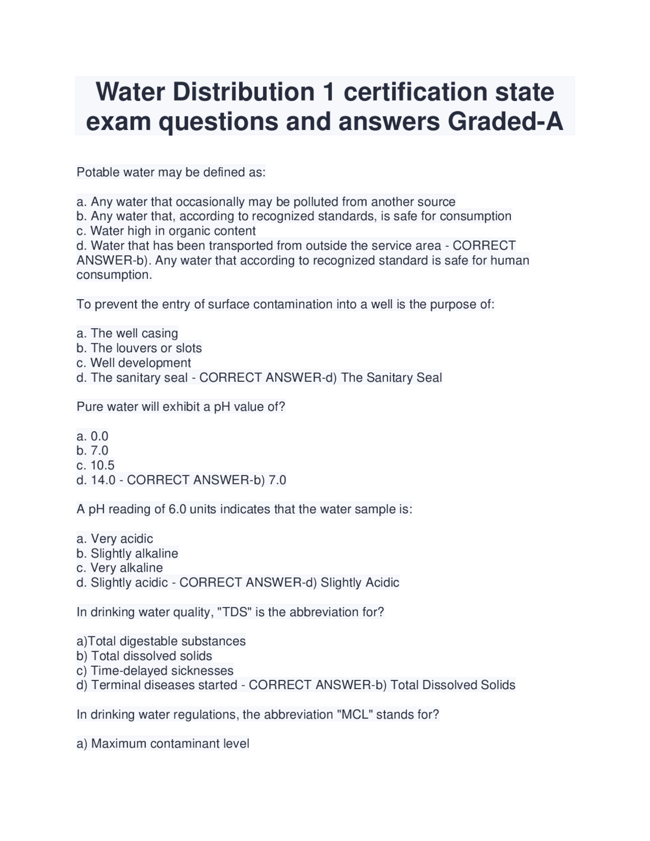 Water Distribution 1 certification state exam questions and answers