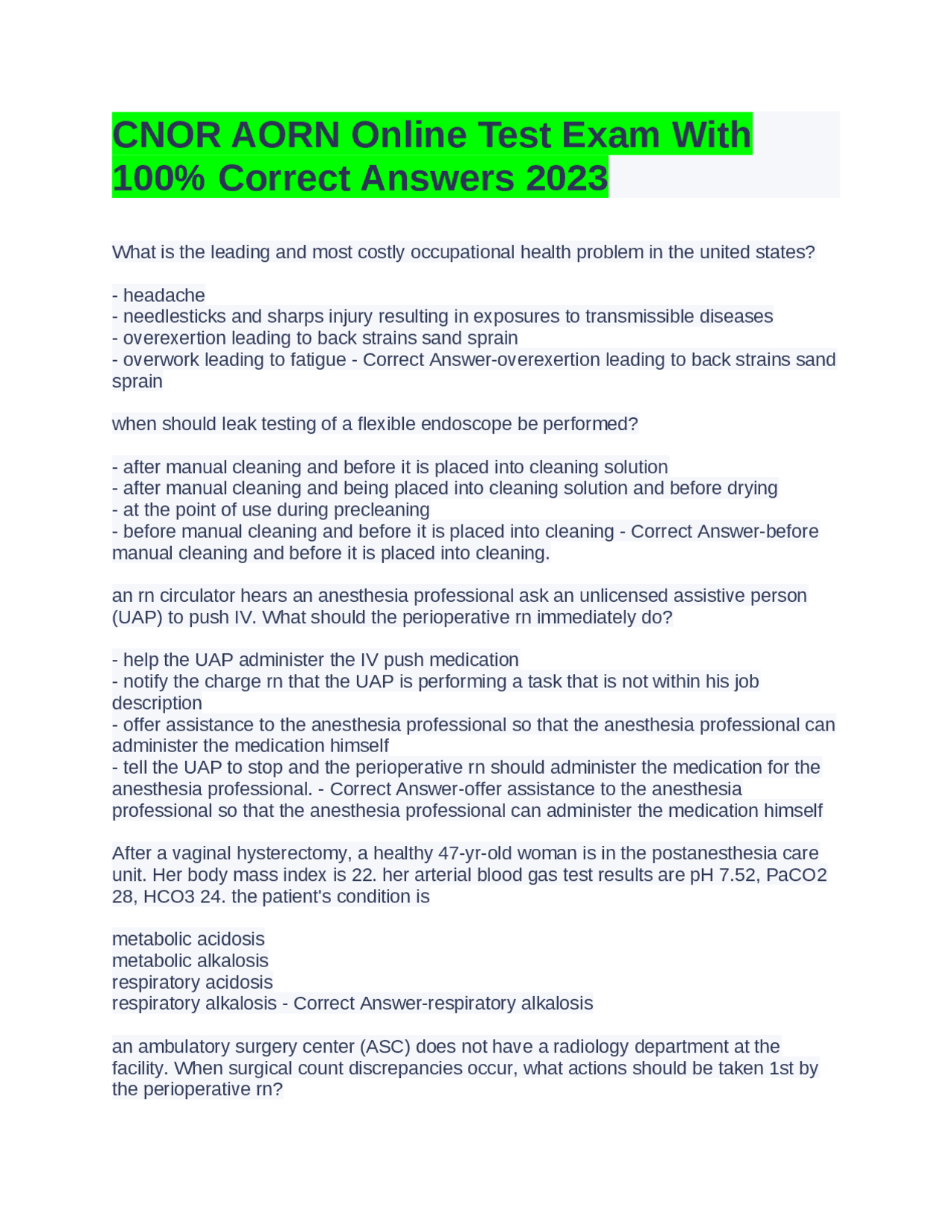 CNOR AORN Online Test Exam With 100% Correct Answers 2023 | Exams ...