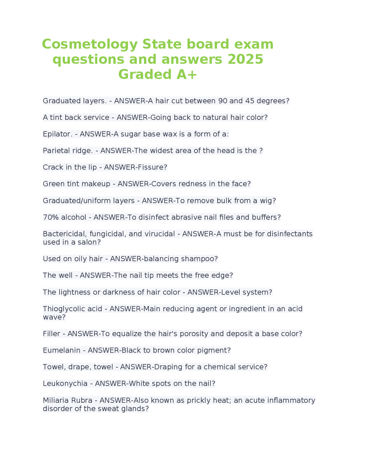 Cosmetology State board exam questions and answers 2025 Graded A+ ...