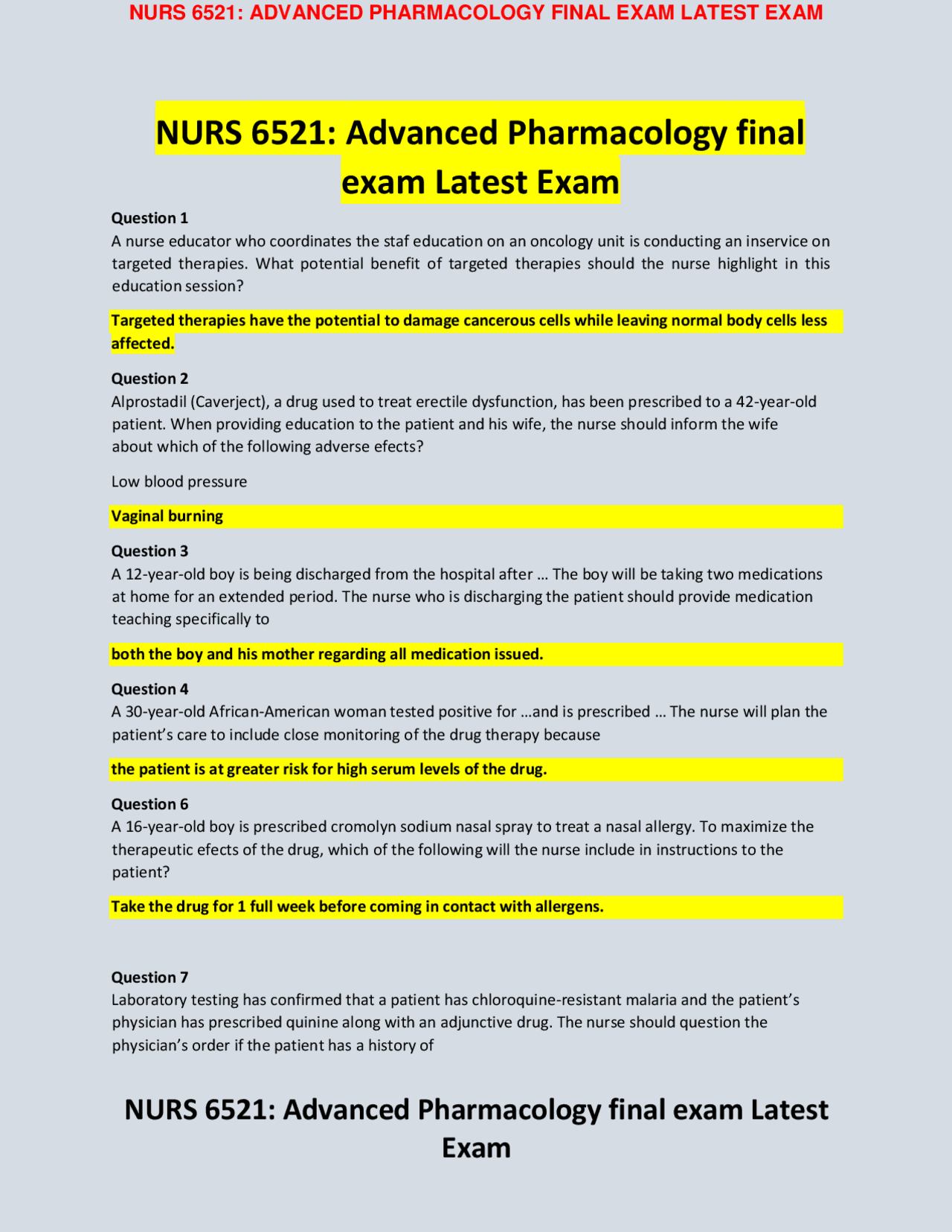 NURS 6521 ADVANCED PHARMACOLOGY FINAL EXAM LATEST EXAM.pdf | Exams ...