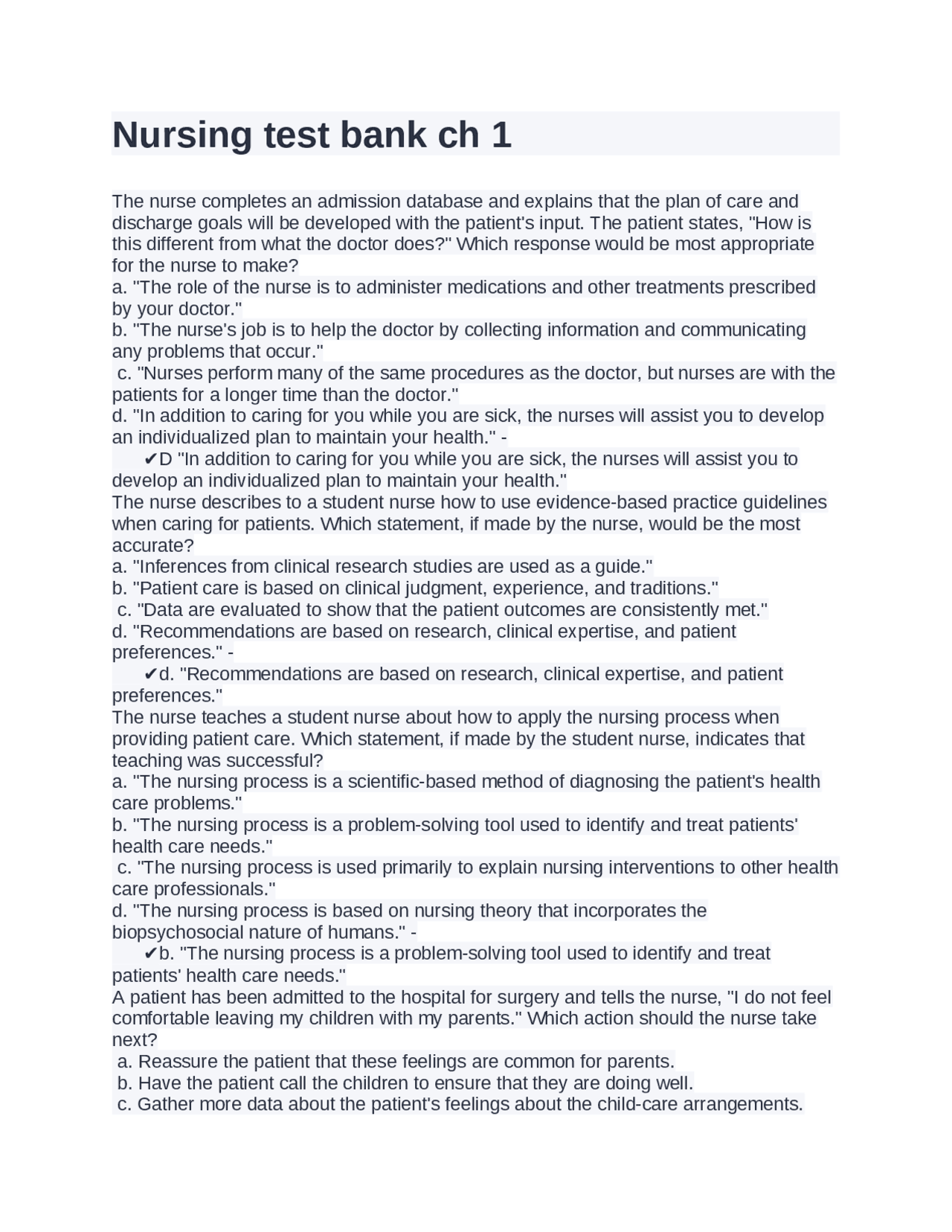 Nursing test bank ch 1 | Exams Nursing | Docsity