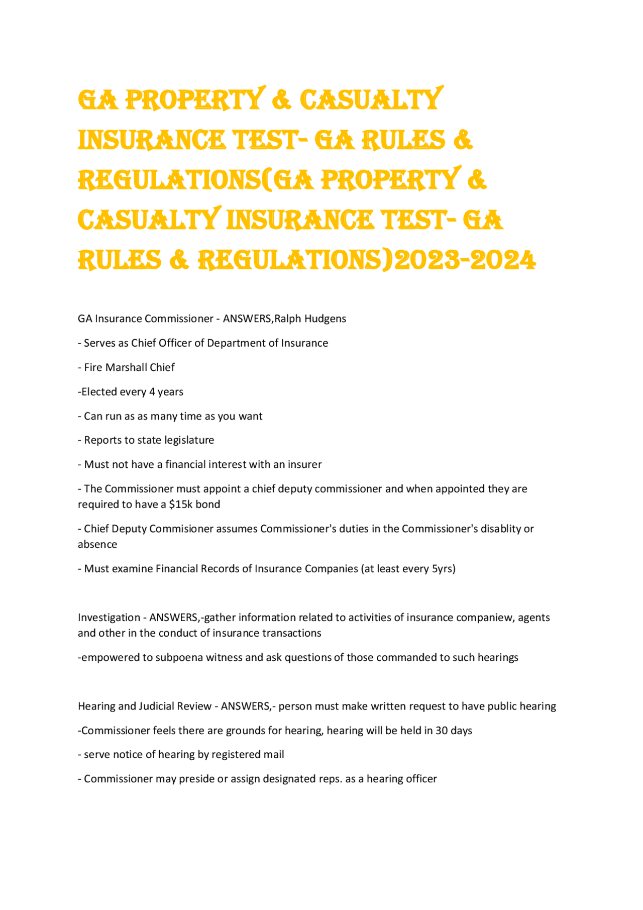 Example Ga From Insurance GA PROPERTY & CASUALTY INSURANCE TEST- GA RULES & REGULATIONS | Exams ...