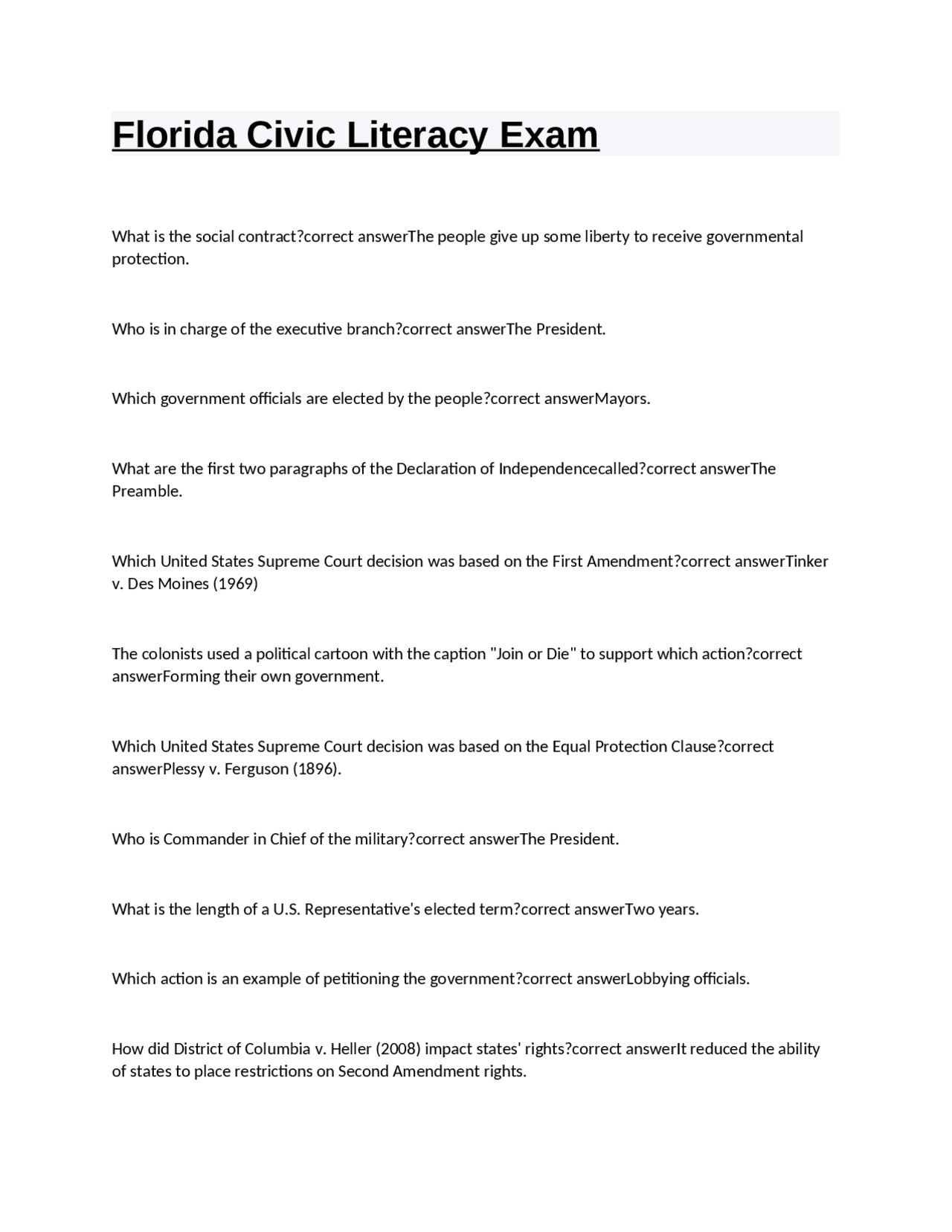 Florida Civic Literacy Exam with correct answers | Exams Information ...