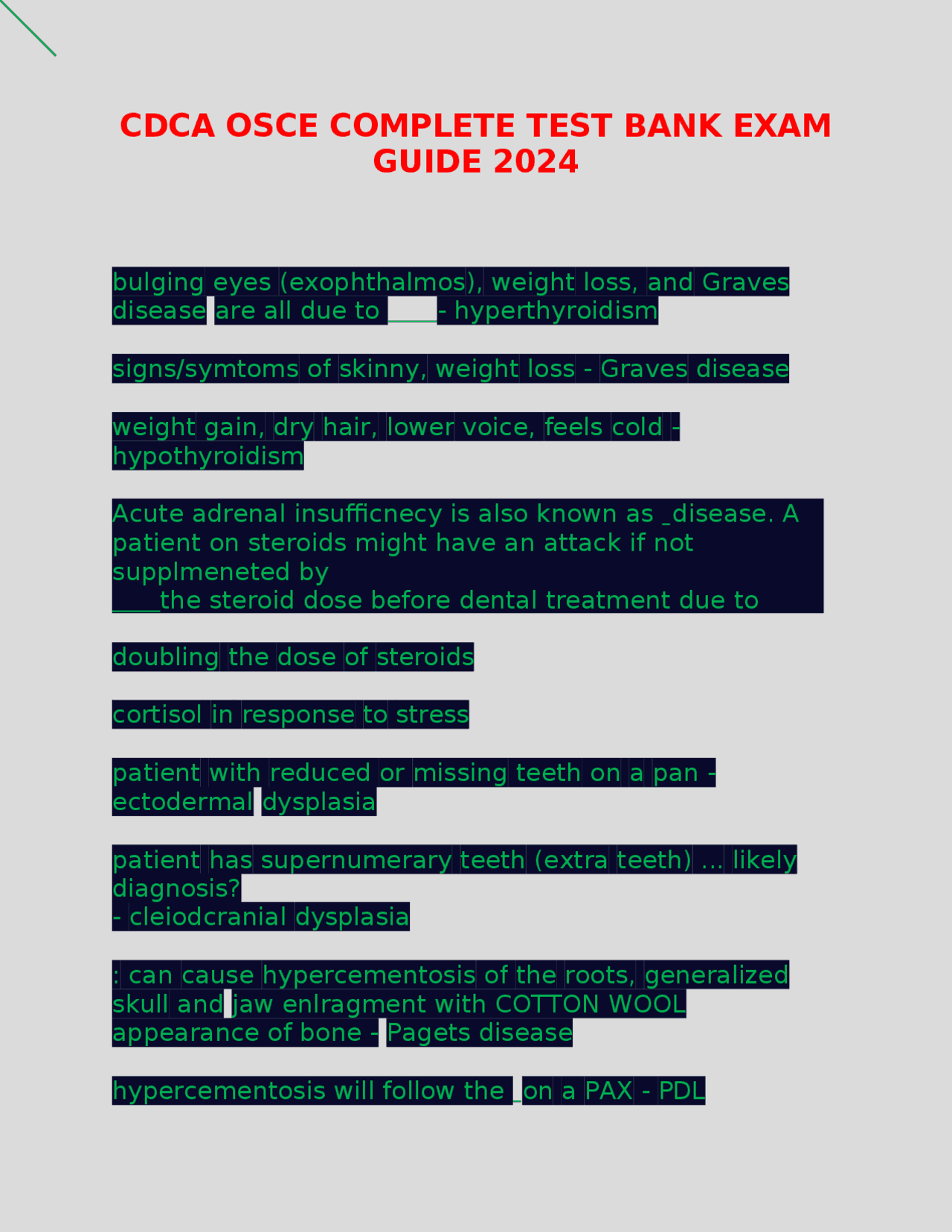 CDCA OSCE COMPLETE TEST BANK EXAM GUIDE 2024 | Exams Nursing | Docsity