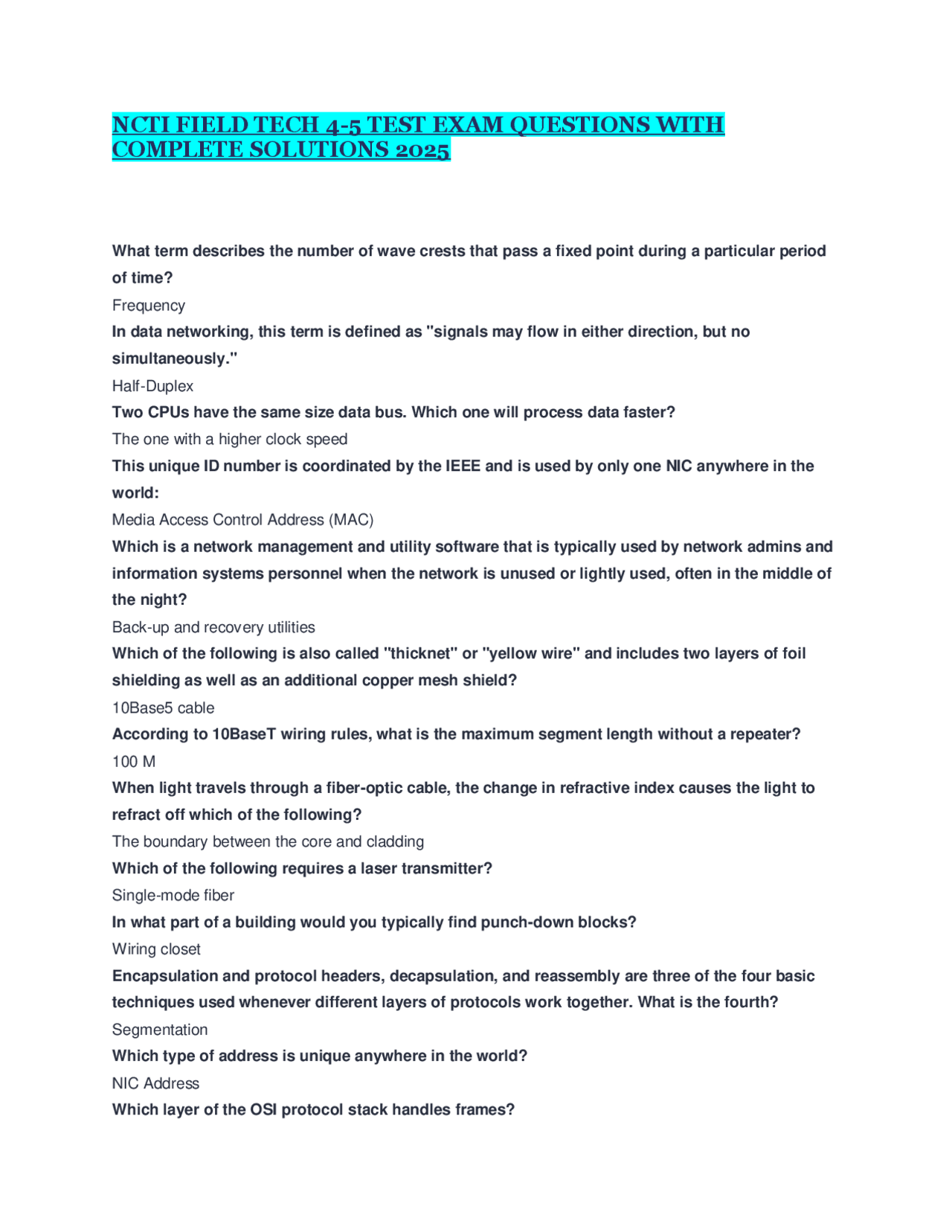NCTI FIELD TECH 4-5 TEST EXAM QUESTIONS WITH COMPLETE SOLUTIONS 2025 |  Exams Computer Networks | Docsity