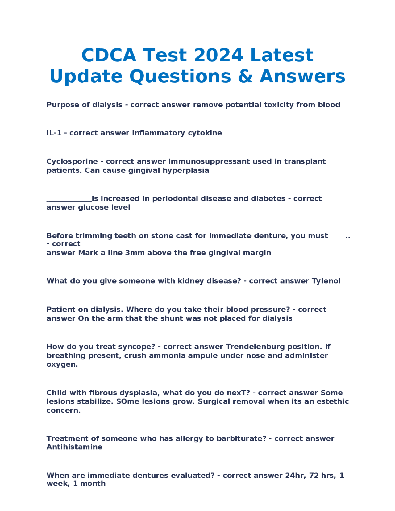 CDCA Test 2024 Latest Update Questions & Answers | Exams Advanced ...