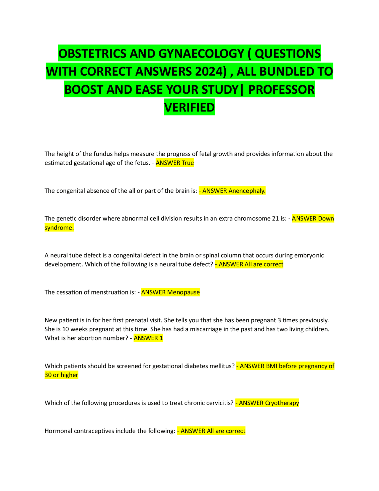 OBSTETRICS AND GYNAECOLOGY ( QUESTIONS WITH CORRECT ANSWERS 2024) , ALL ...