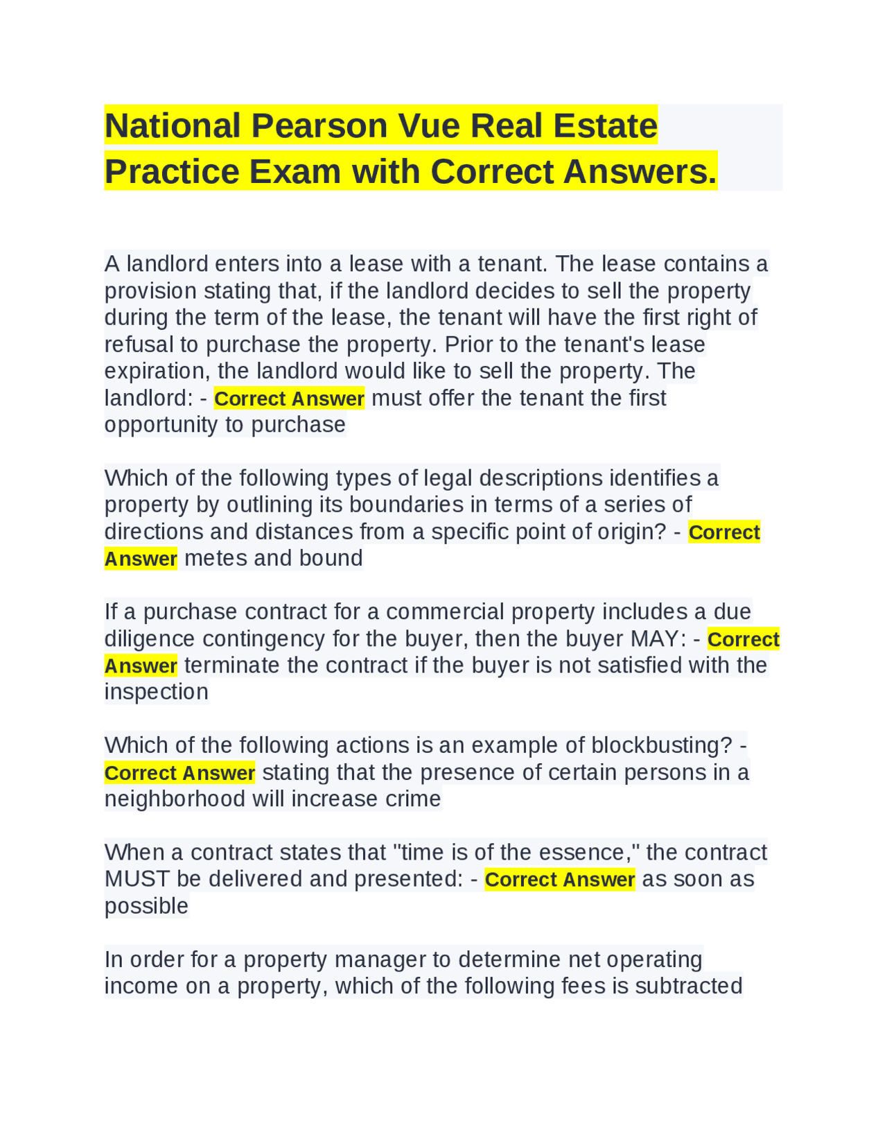 National Pearson Vue Real Estate Practice Exam with Correct Answers ...