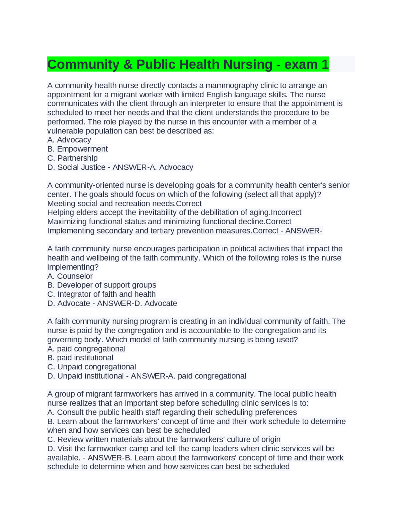 Community & Public Health Nursing - exam 1 | Exams Public Health | Docsity