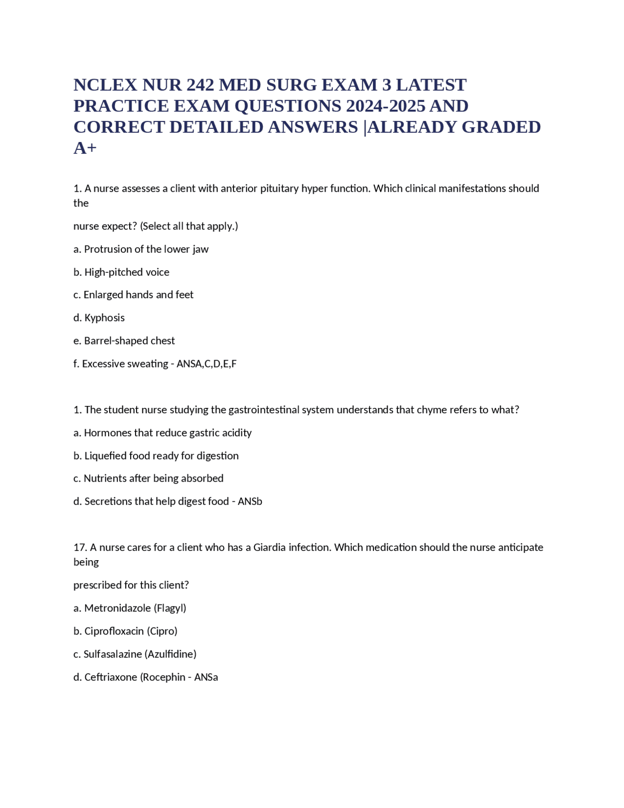 NCLEX NUR 242 MED SURG EXAM 3 LATEST PRACTICE EXAM QUESTIONS 2024-2025 ...