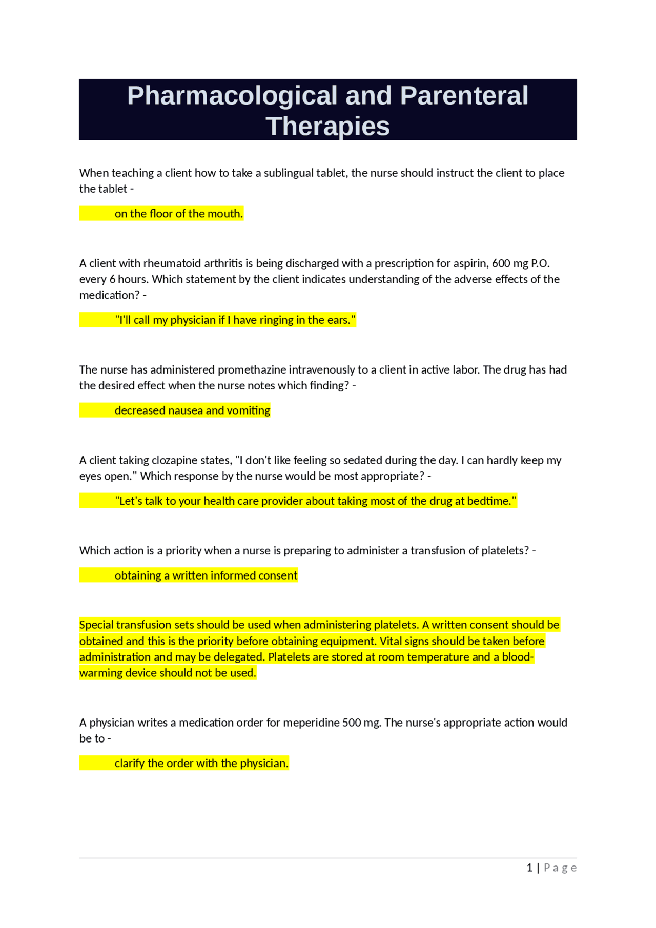 Pharmacological and Parenteral Therapies. | Exams Pharmacology | Docsity