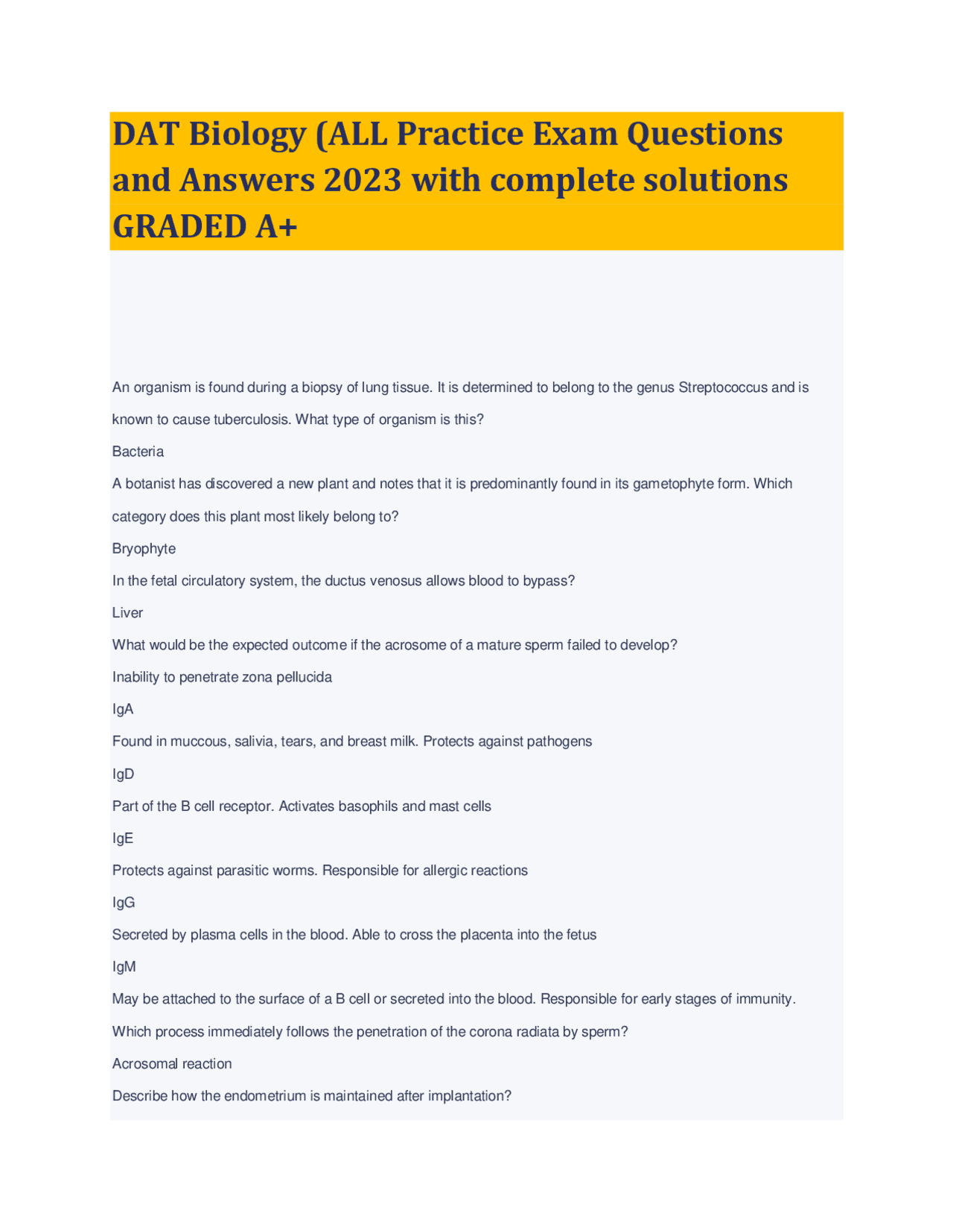 DAT Biology (ALL Practice Exam Questions and Answers 2023 with complete ...