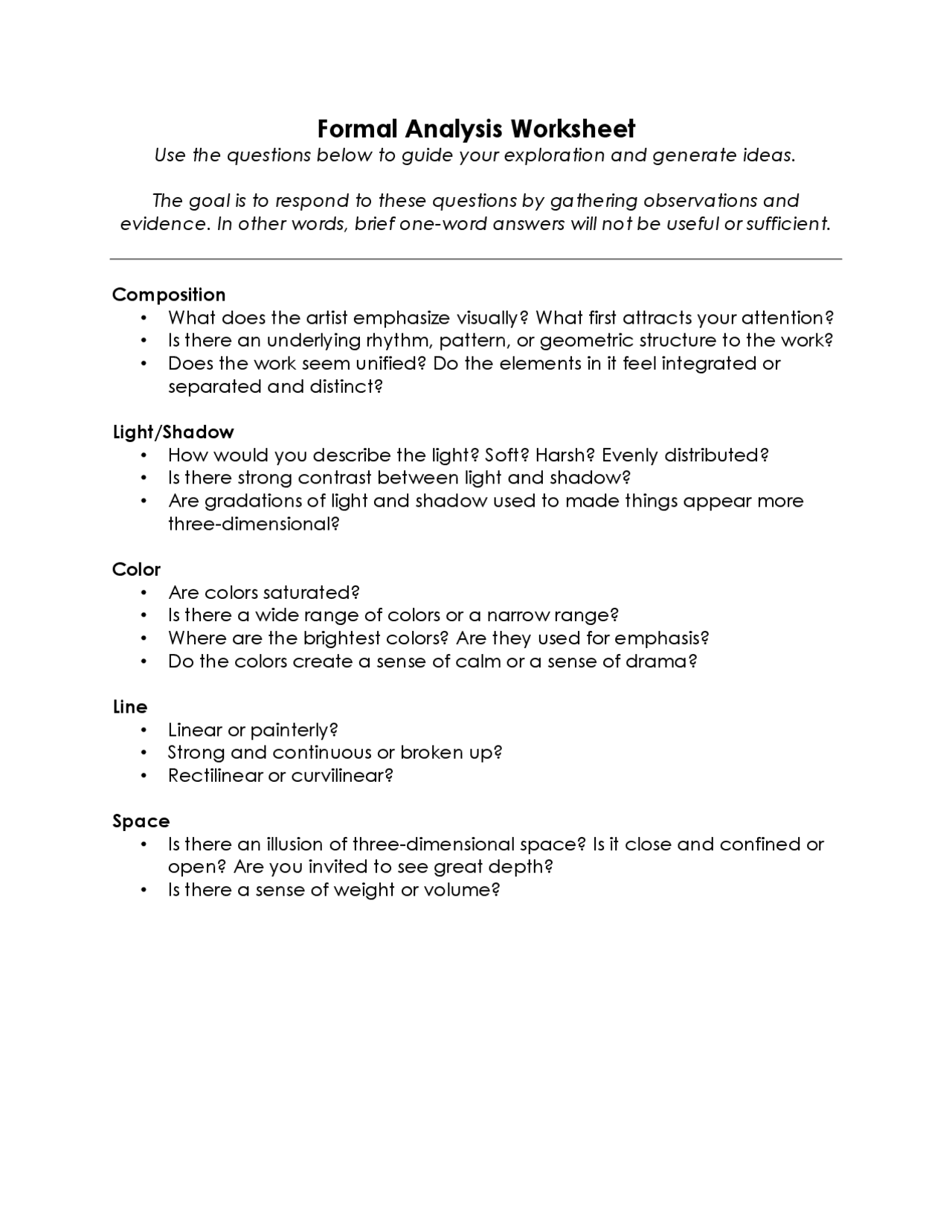 Formal Analysis Components Formal Analysis Worksheet | Summaries Art | Docsity