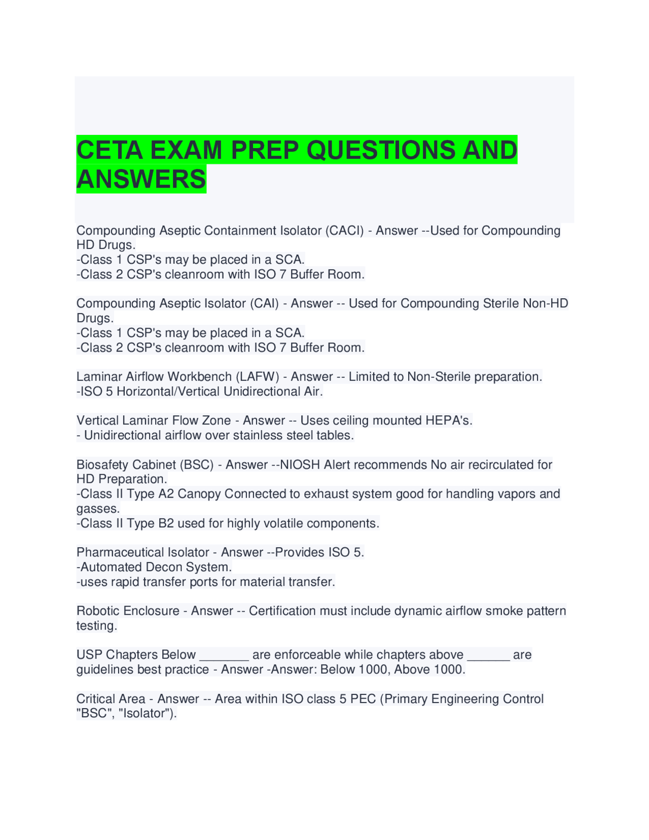 CETA EXAM PREP QUESTIONS AND ANSWERS | Exams Advanced Education | Docsity