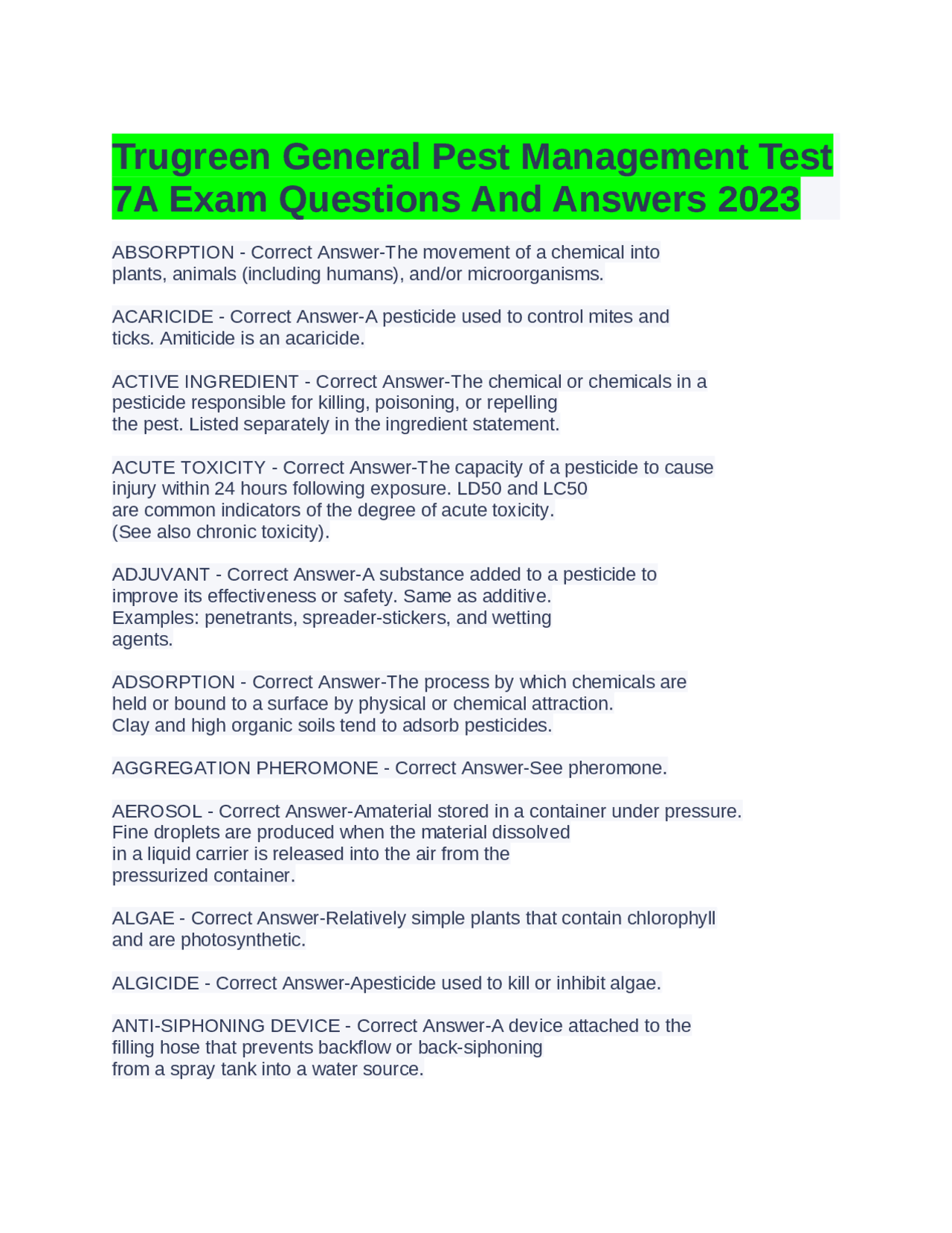 Trugreen General Pest Management Test 7A Exam Questions And Answers