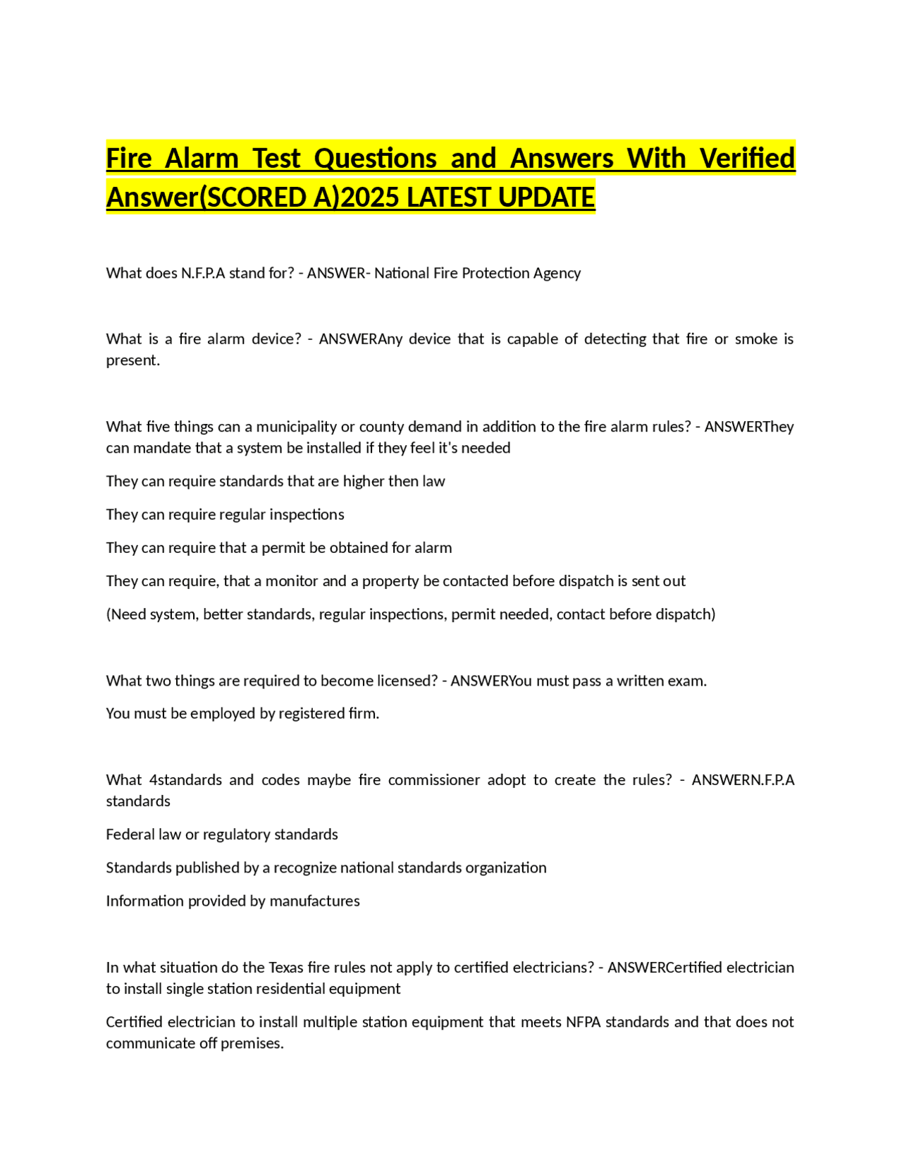 Fire Alarm Test Questions and Answers With Verified Answer(SCORED A ...