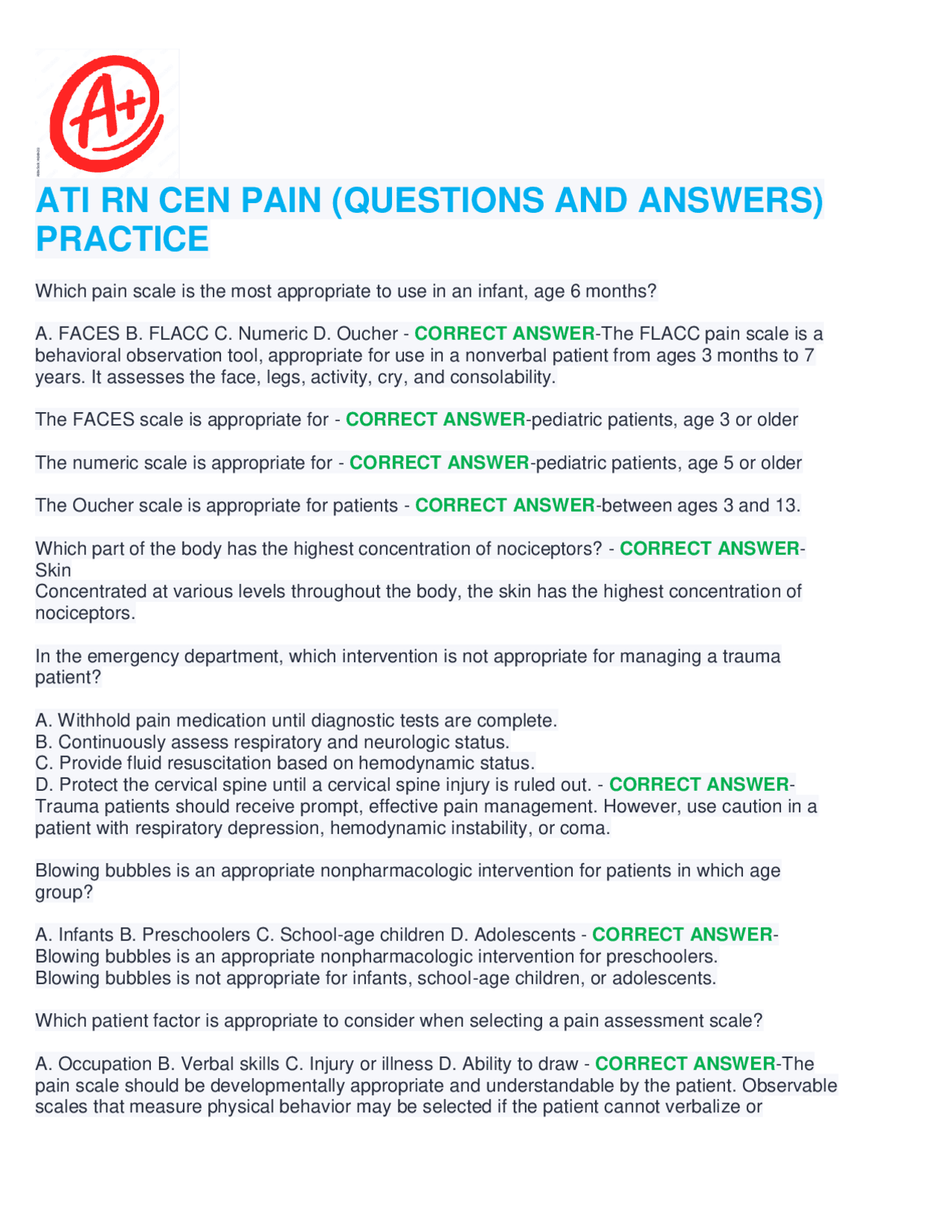 Emergency Nursing Pain Management: Questions and Answers | Exams ...
