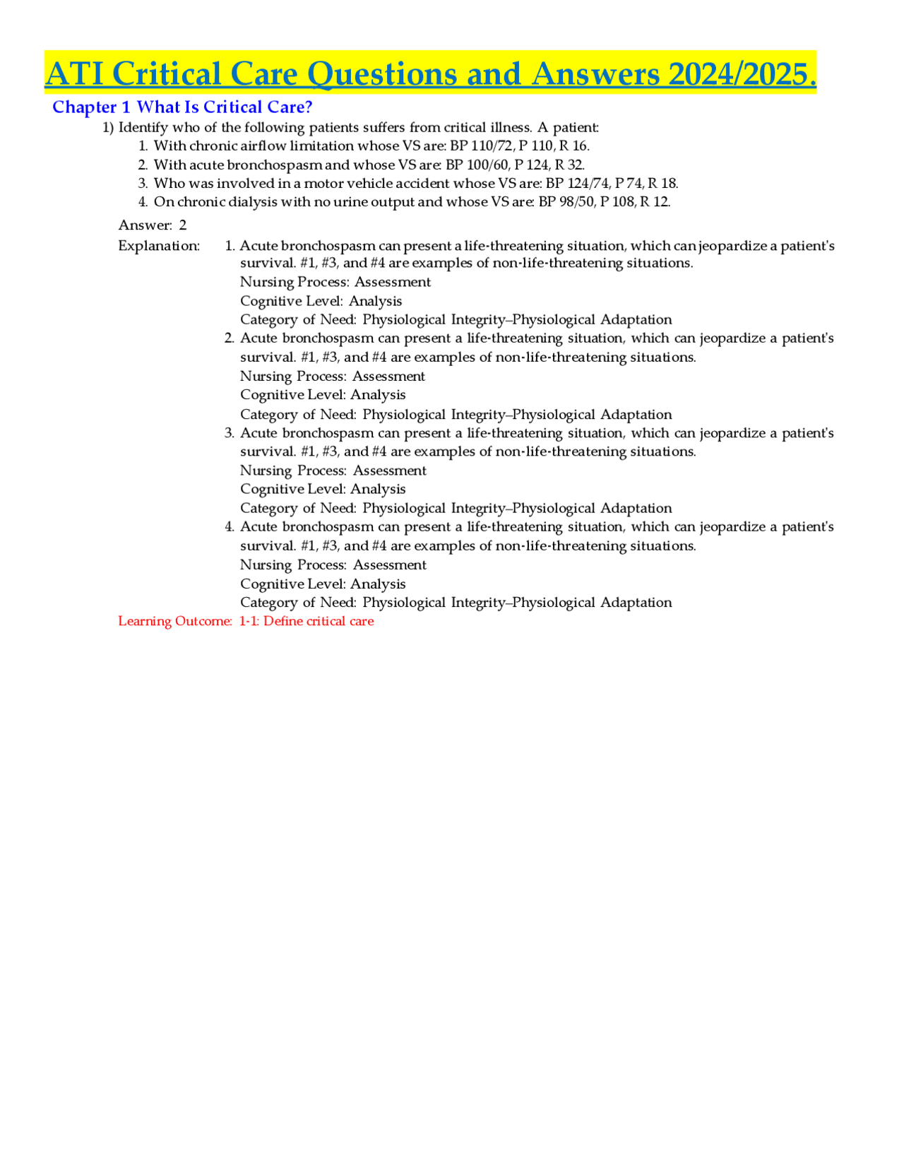 ATI Critical Care Questions and Answers 2024/2025. | Exams Nursing ...