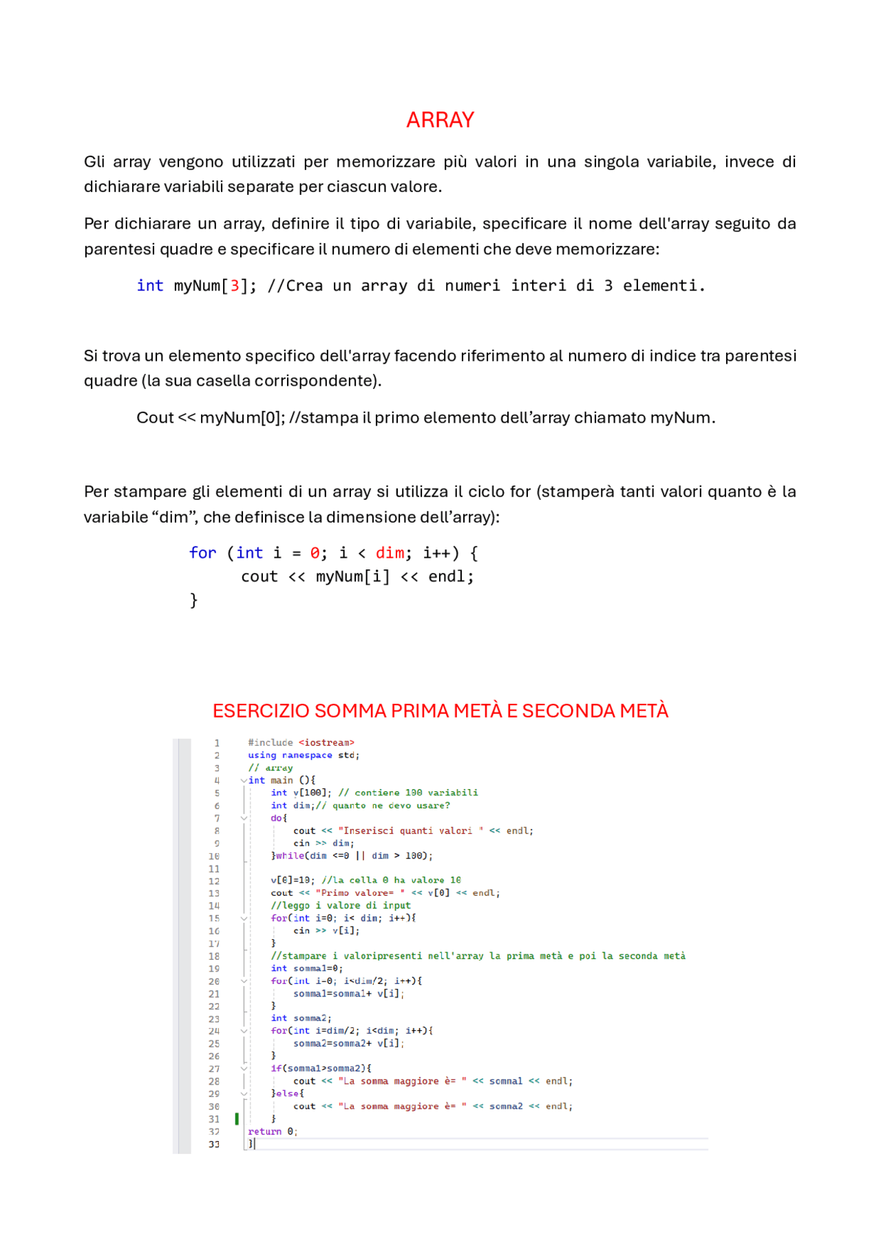 Appunti array in linguaggio C++ | Appunti di Informatica | Docsity