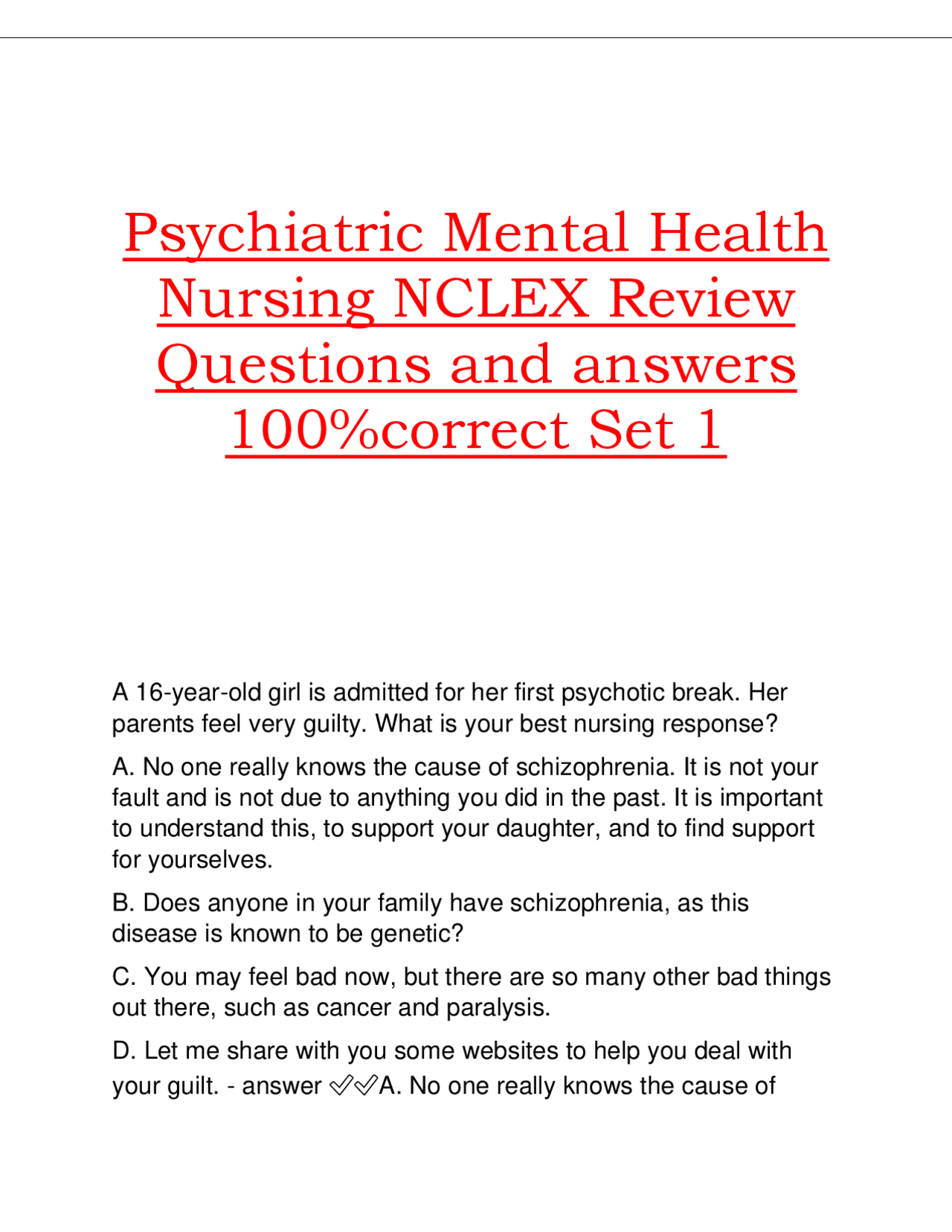 Psychiatric Mental Health Nursing NCLEX Review Questions and answers ...