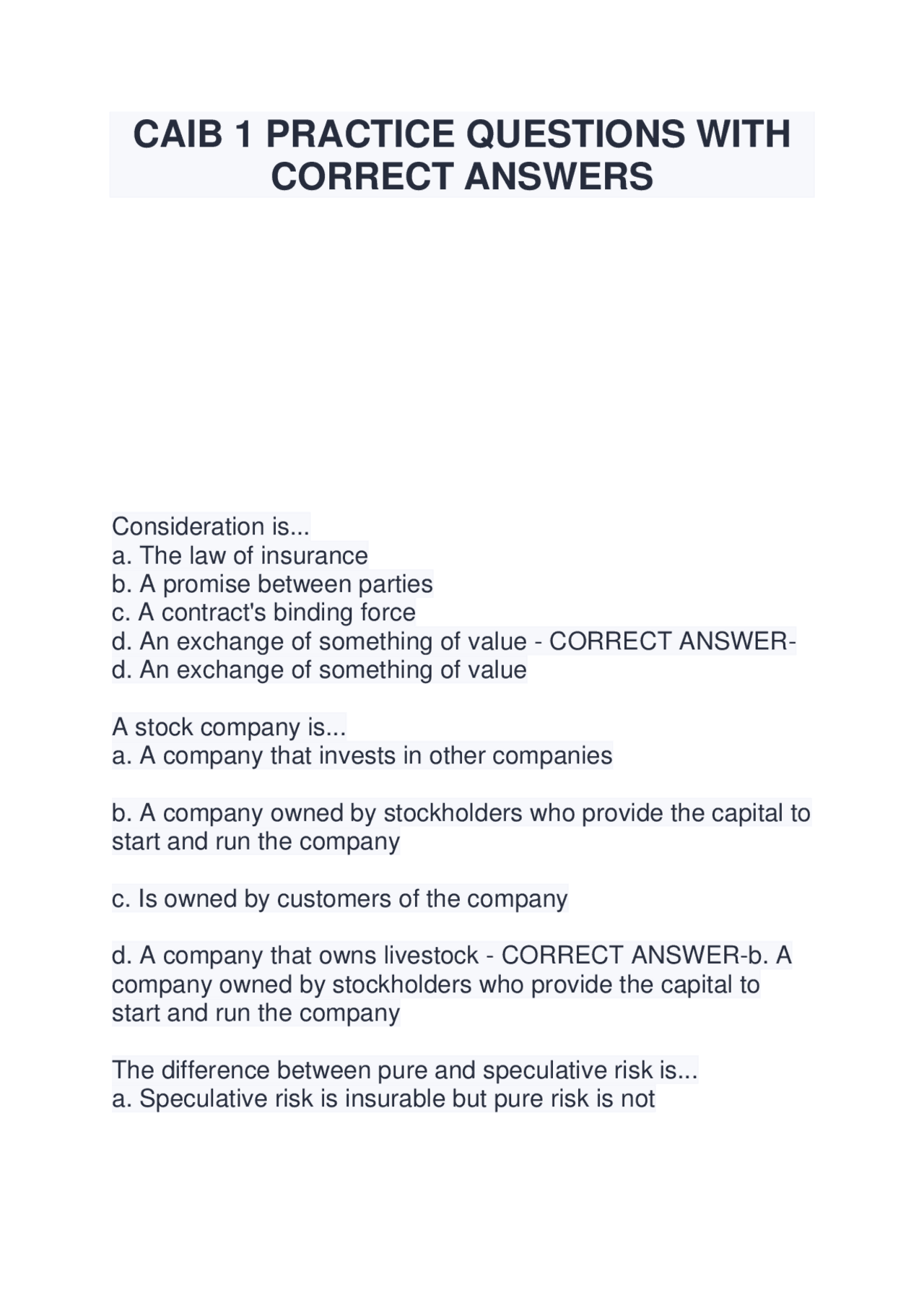 Caab Question CAIB 1 PRACTICE QUESTIONS WITH CORRECT ANSWERS | Exams Nursing | Docsity