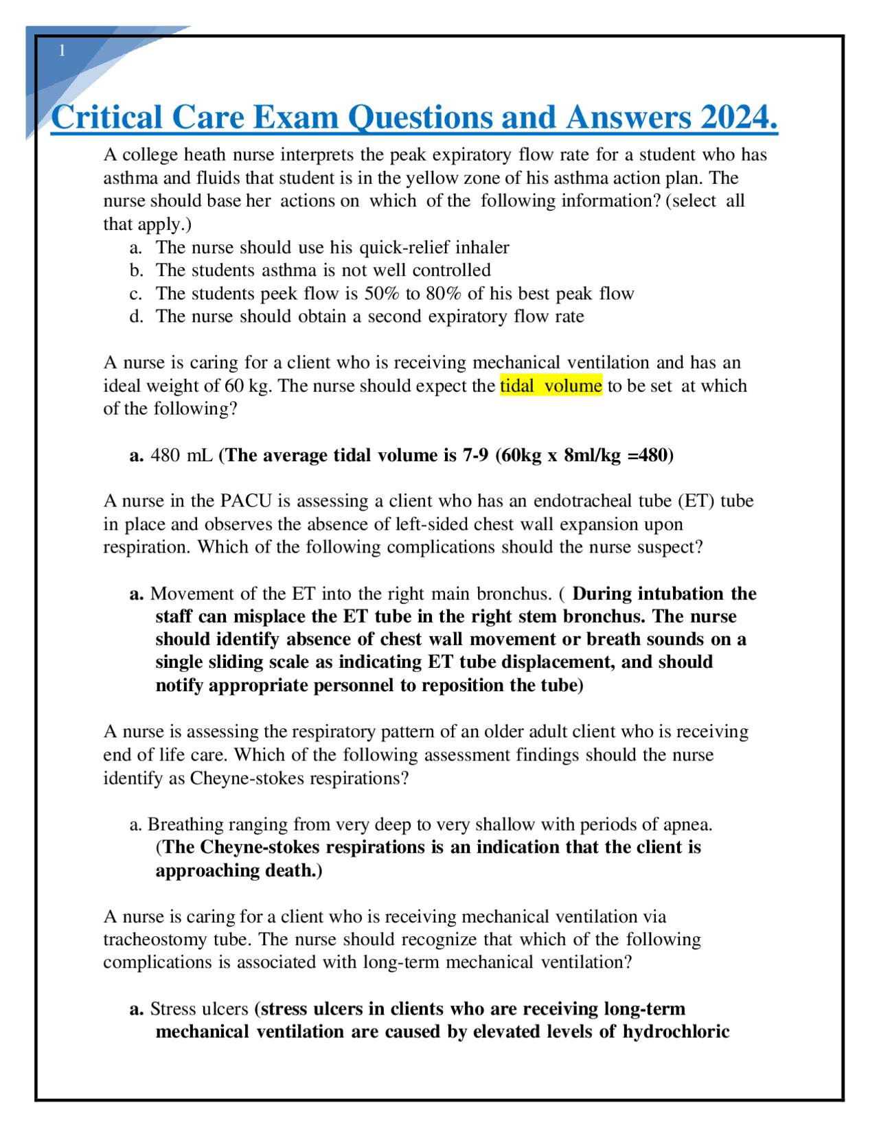 Critical Care Exam Questions and Answers 2024. | Exams Nursing | Docsity