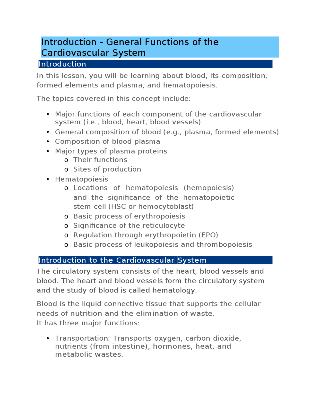BIOS 255 Week 1 Concepts I The Cardiovascular System - Blood | Papers ...
