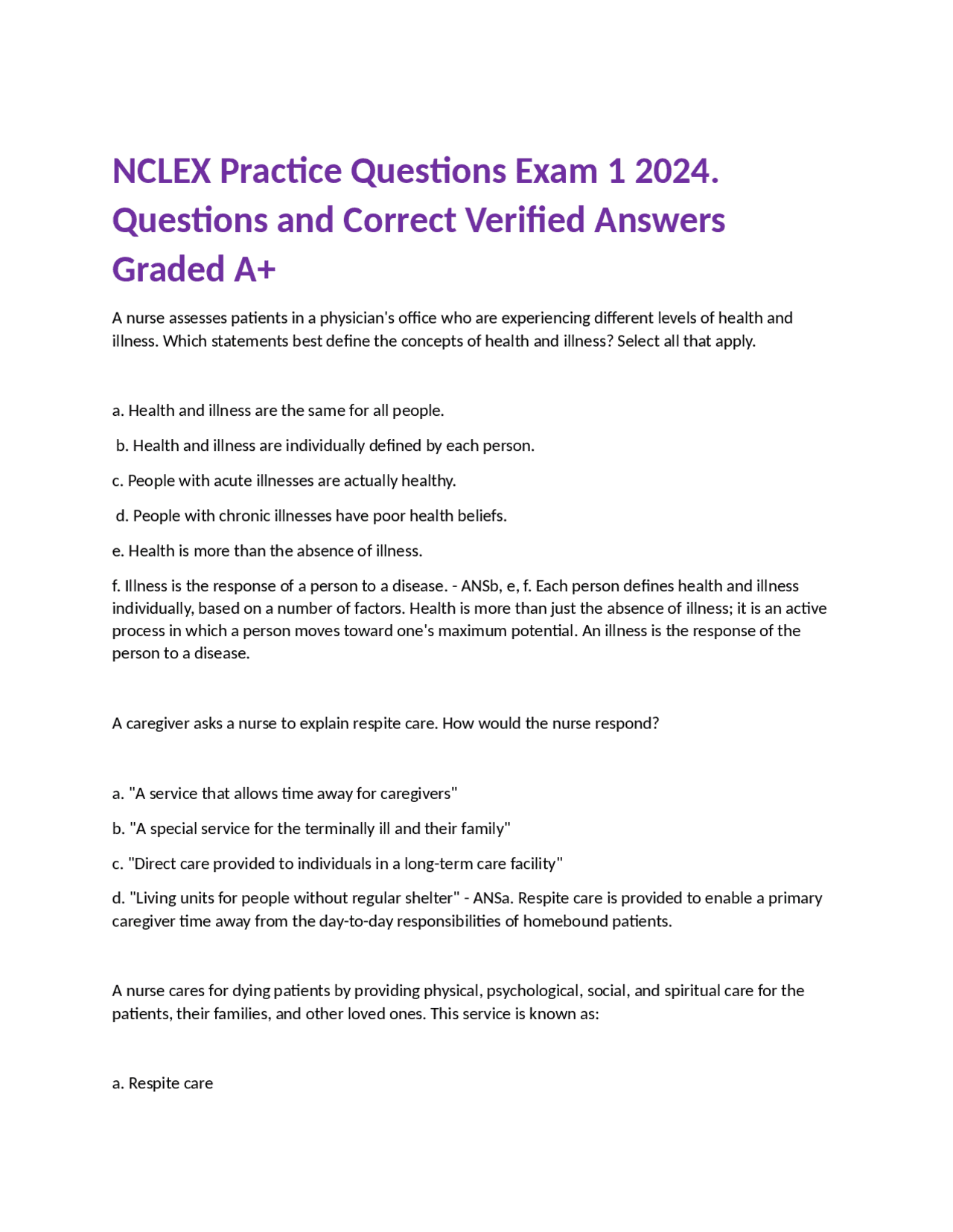 NCLEX Practice Questions Exam 1 2024. Questions and Correct Verified ...