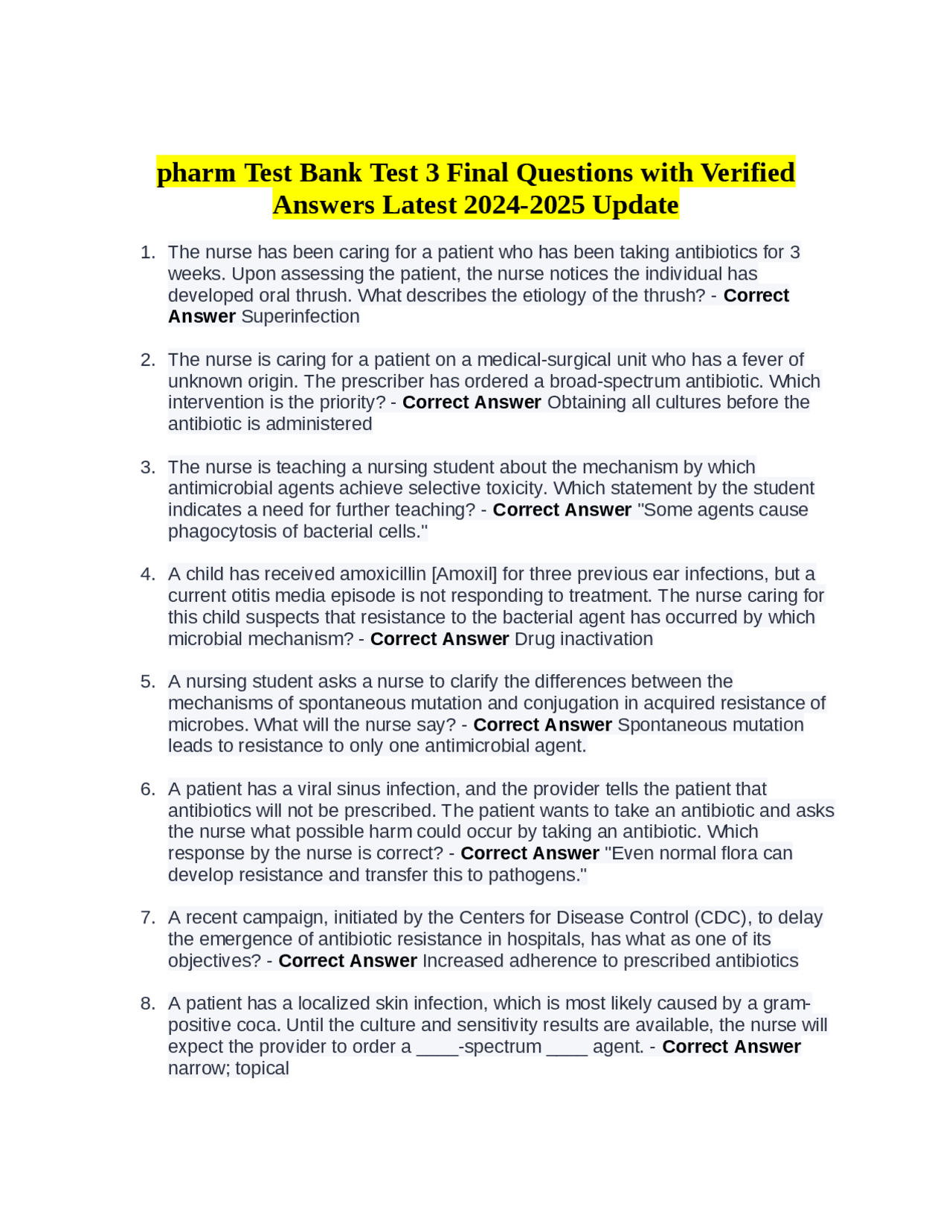 pharm Test Bank Test 3 Final Questions with Verified Answers Latest ...