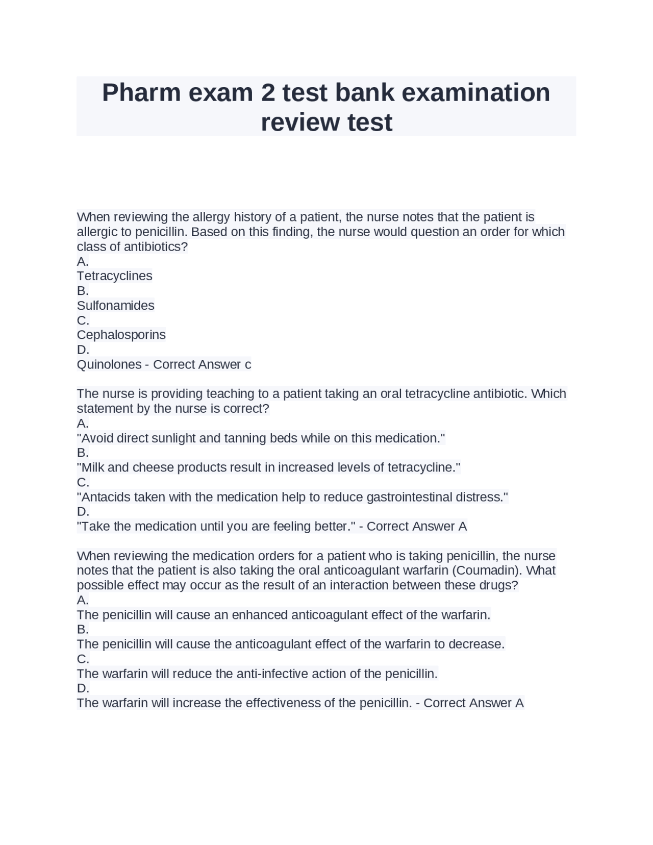 Pharm exam 2 test bank examination review test | Exams Nursing | Docsity