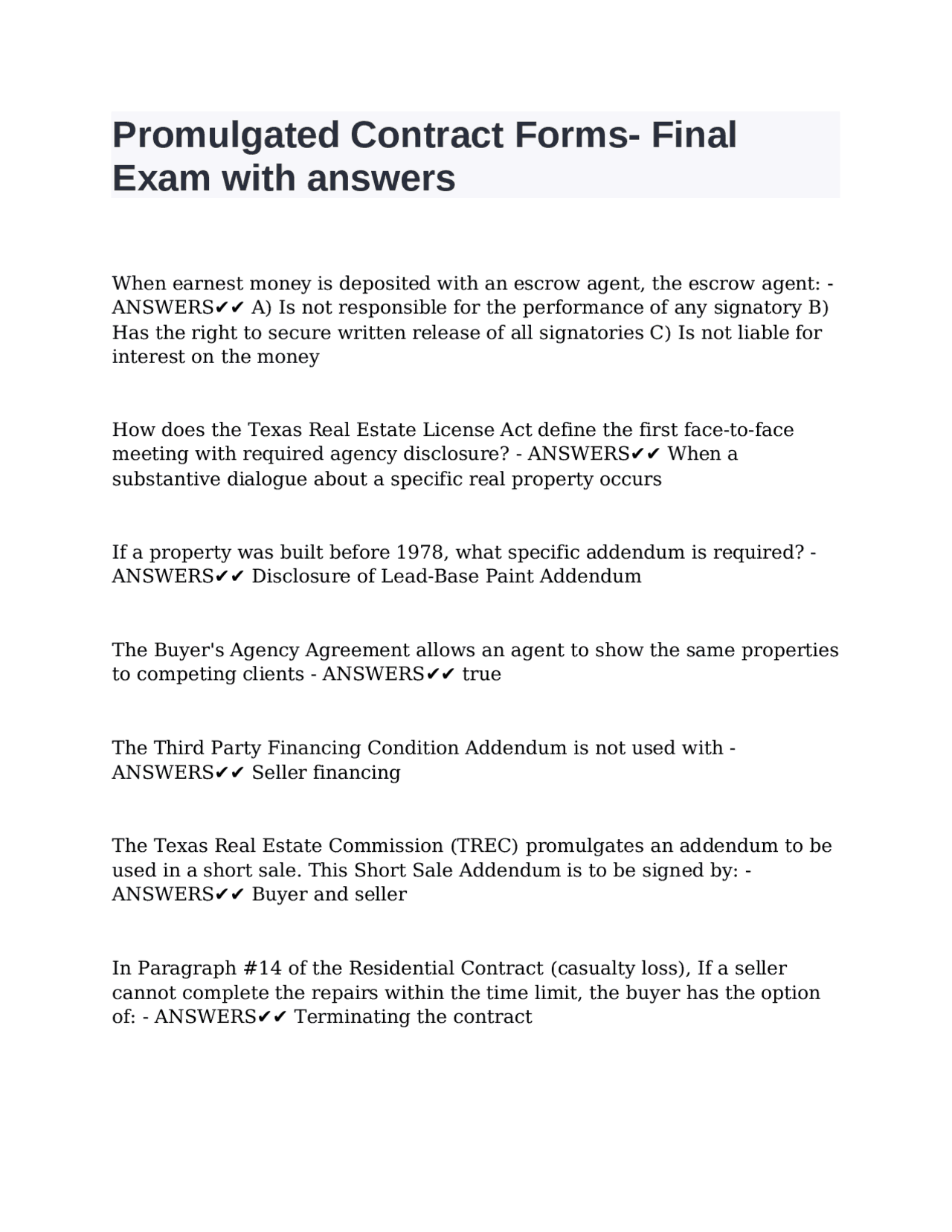 Contract Finalized Promulgated Contract Forms- Final Exam with answers | Exams Contract ...