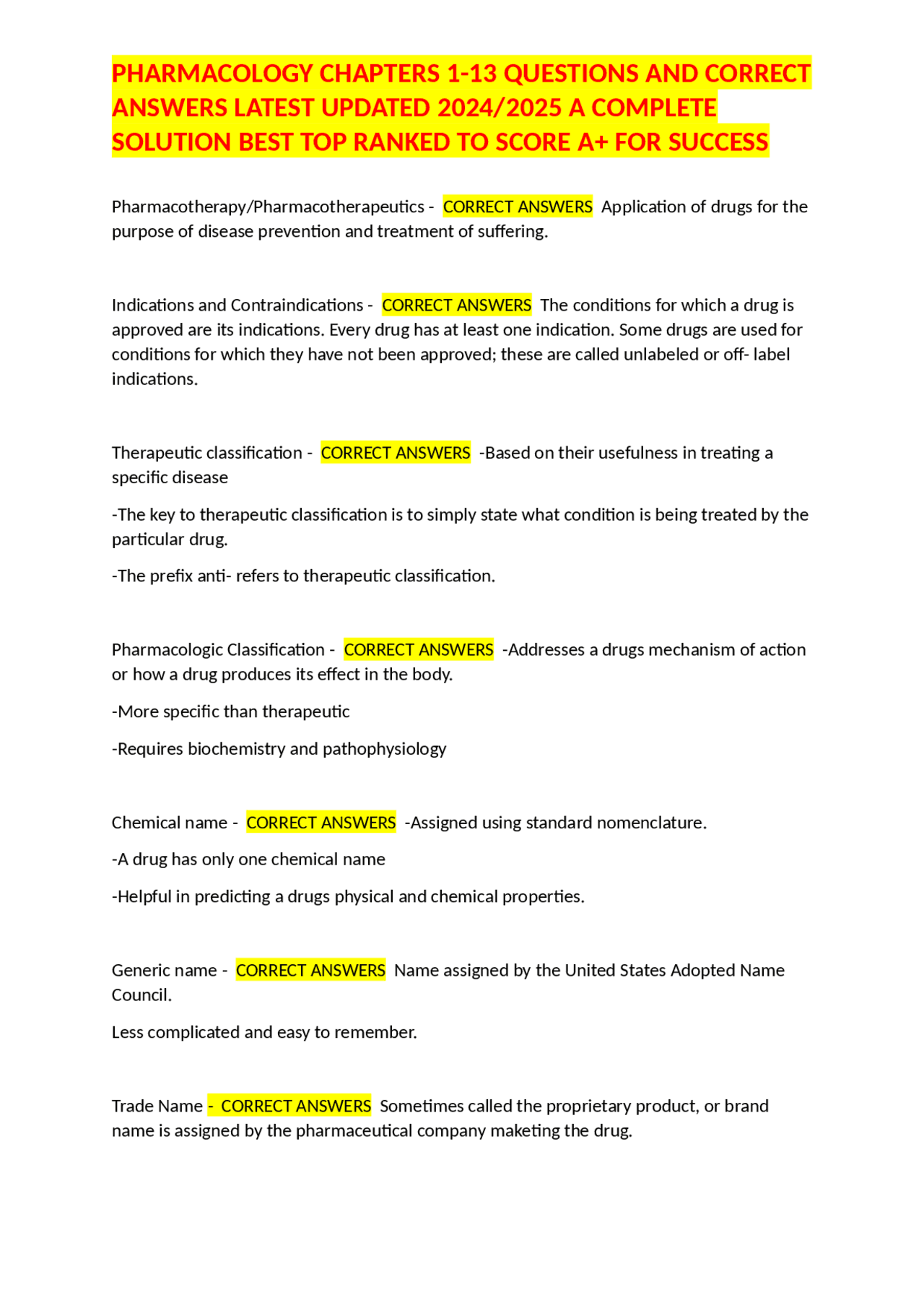 PHARMACOLOGY CHAPTERS 1-13 QUESTIONS AND CORRECT ANSWERS LATEST UPDATED ...
