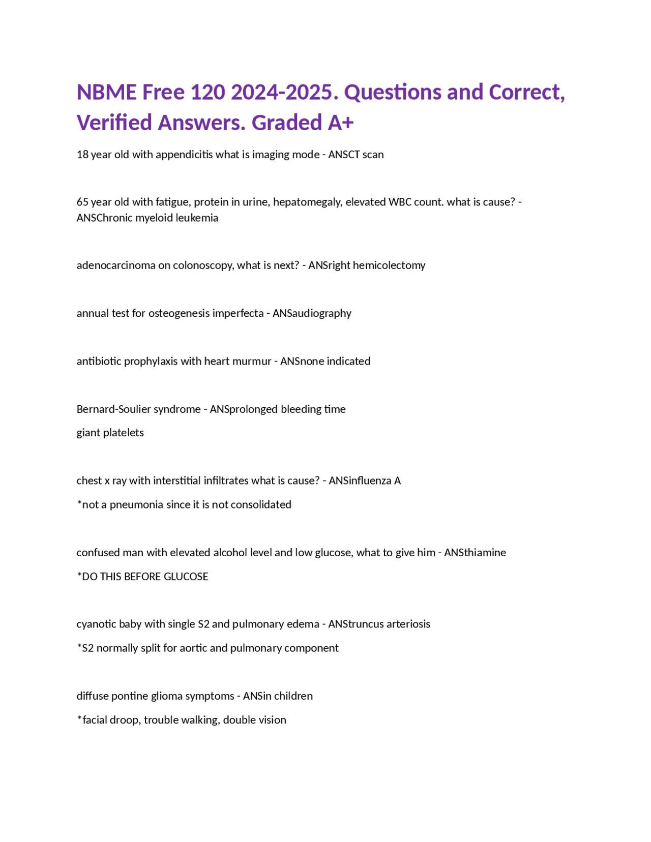 Nbme free 120 2024 2025 questions and correct verified answers