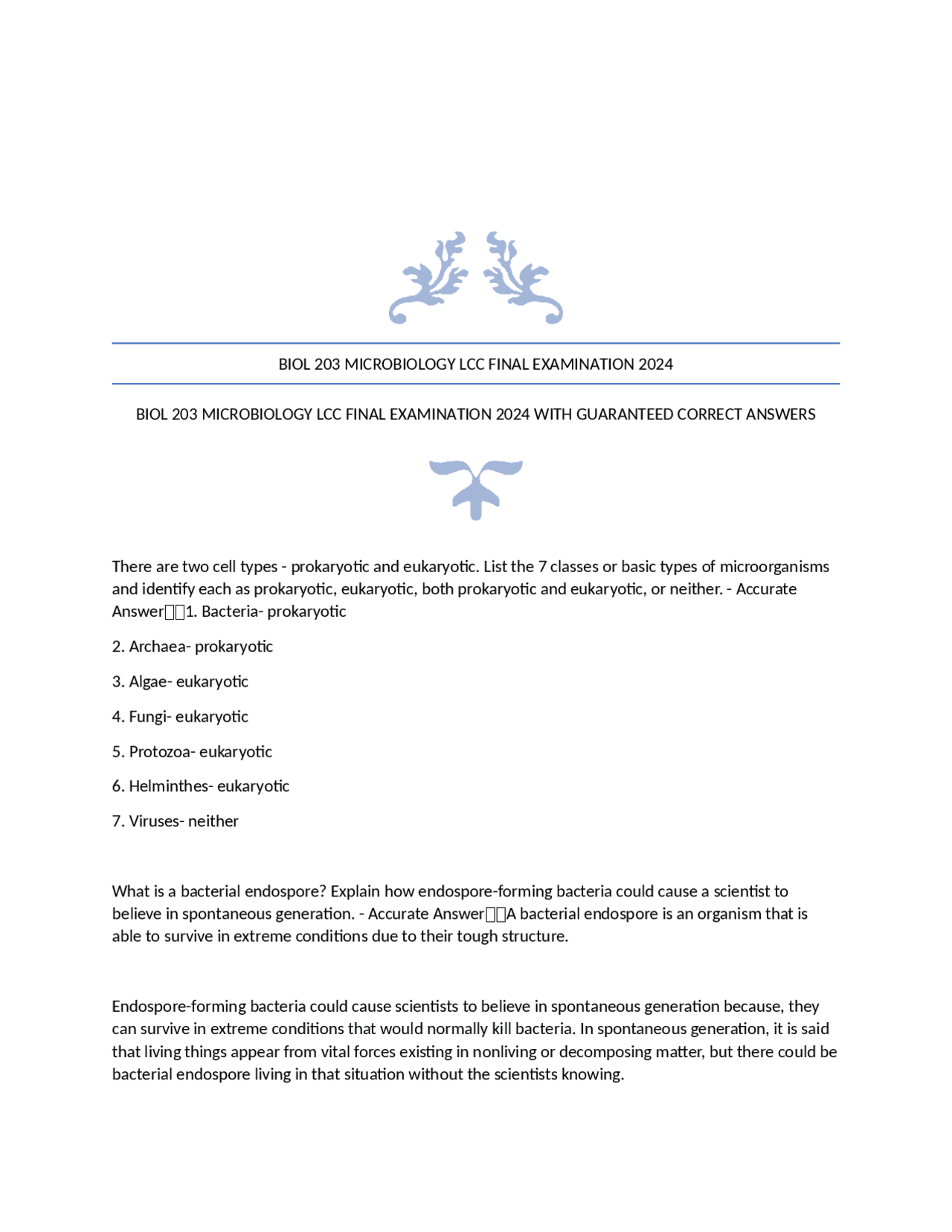 BIOL 203 MICROBIOLOGY LCC FINAL EXAMINATION 2024 WITH GUARANTEED ...