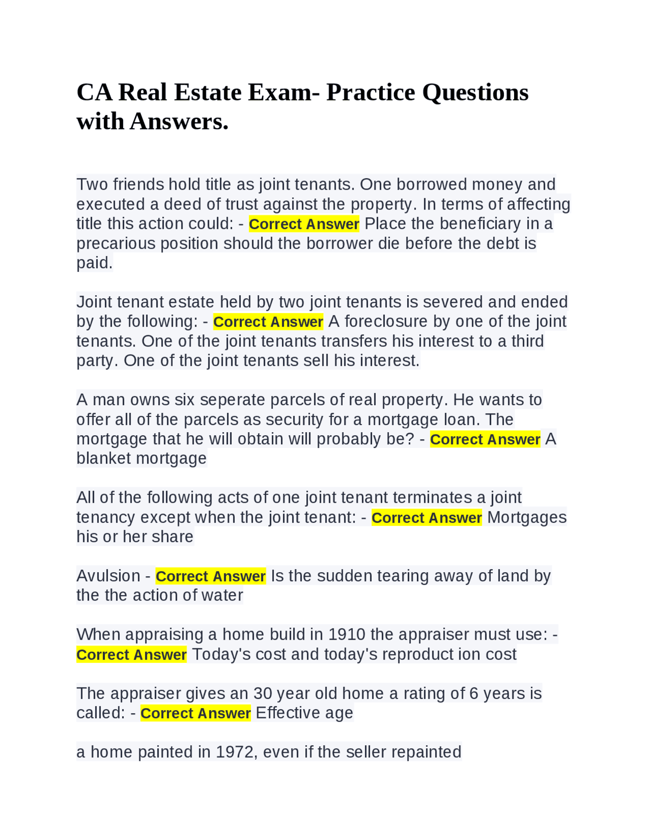 CA Real Estate Exam Practice Questions with Answers. Exams Real