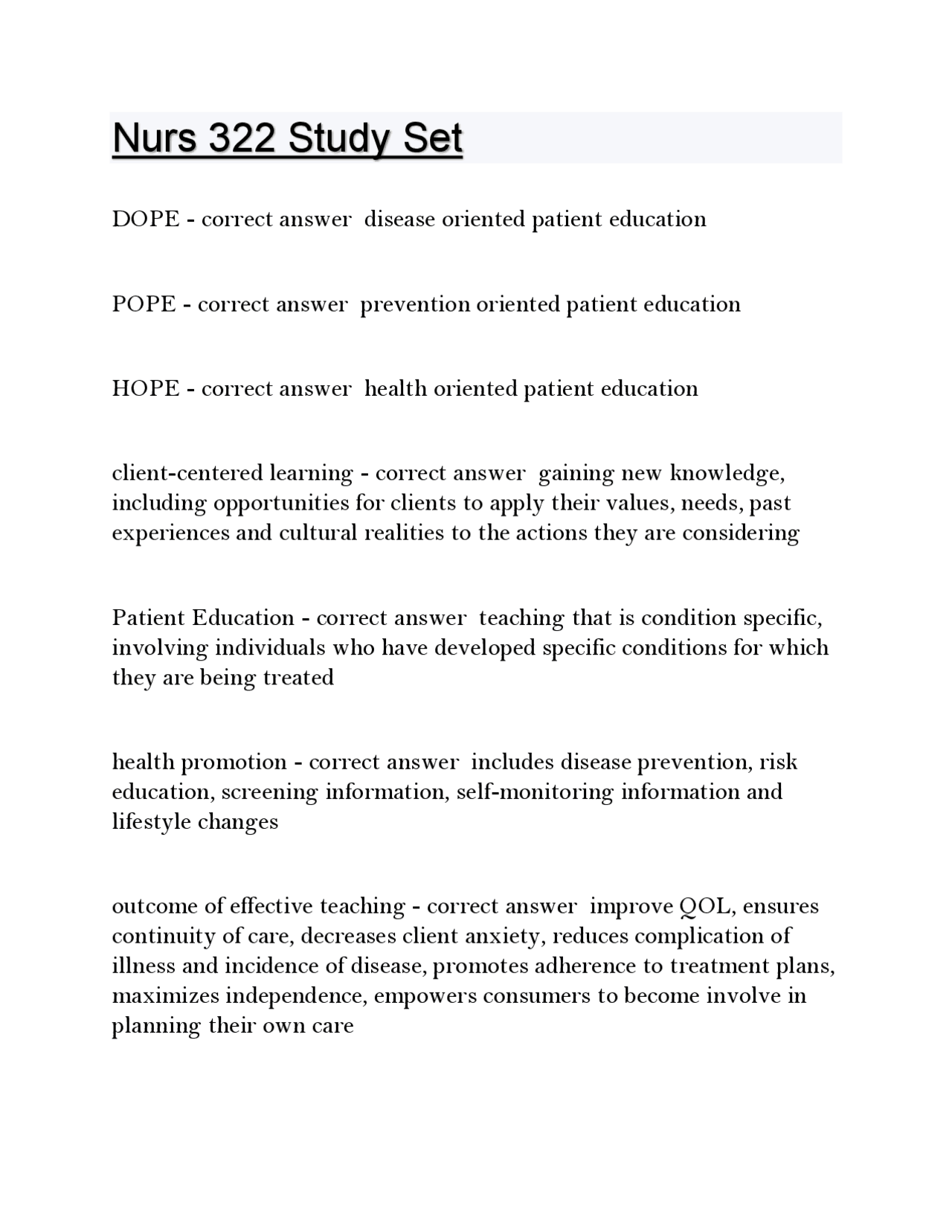 Nurs 322 Study Set Question And Solution Paper 2024/2025 | Exams ...