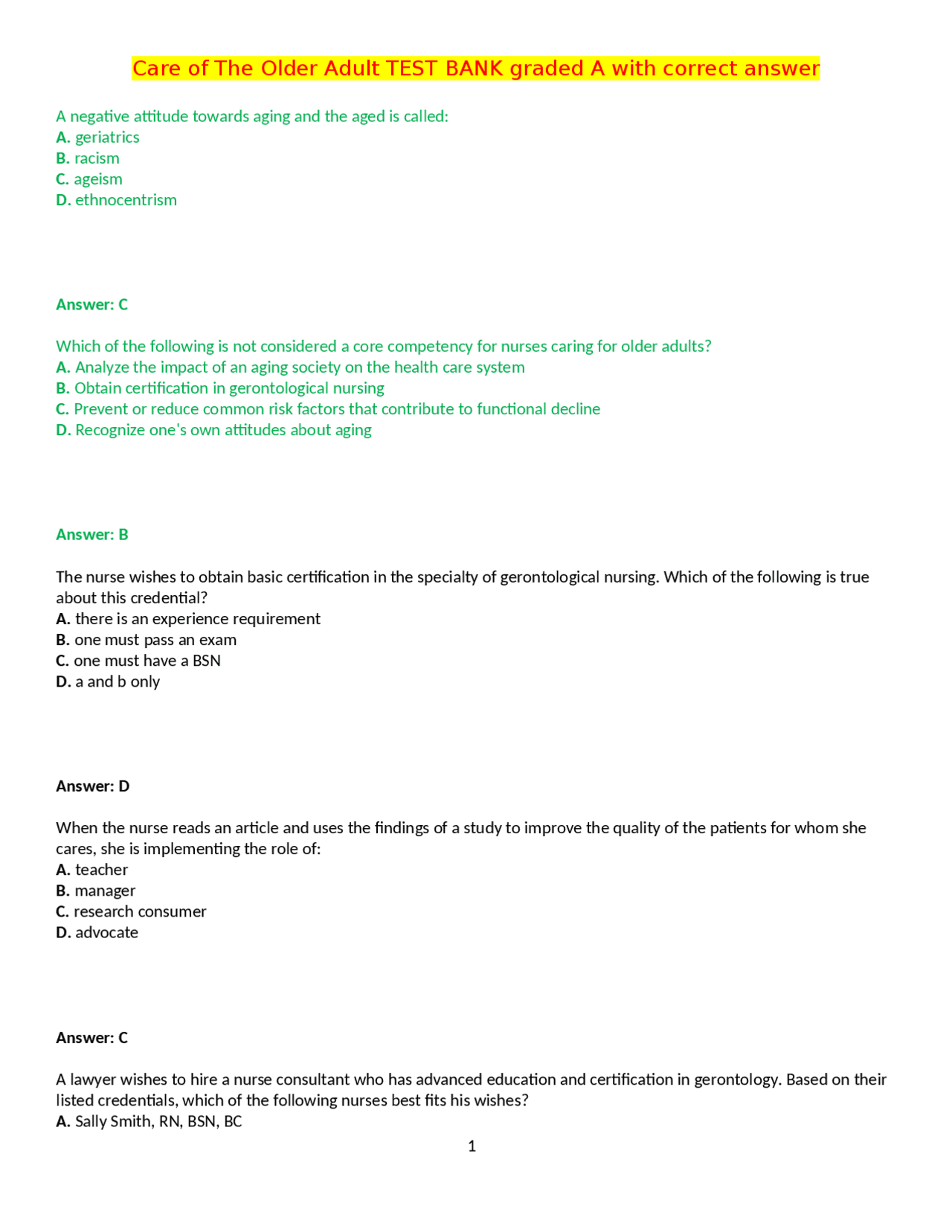 Care of The Older Adult TEST BANK graded A with correct answer | Exams ...