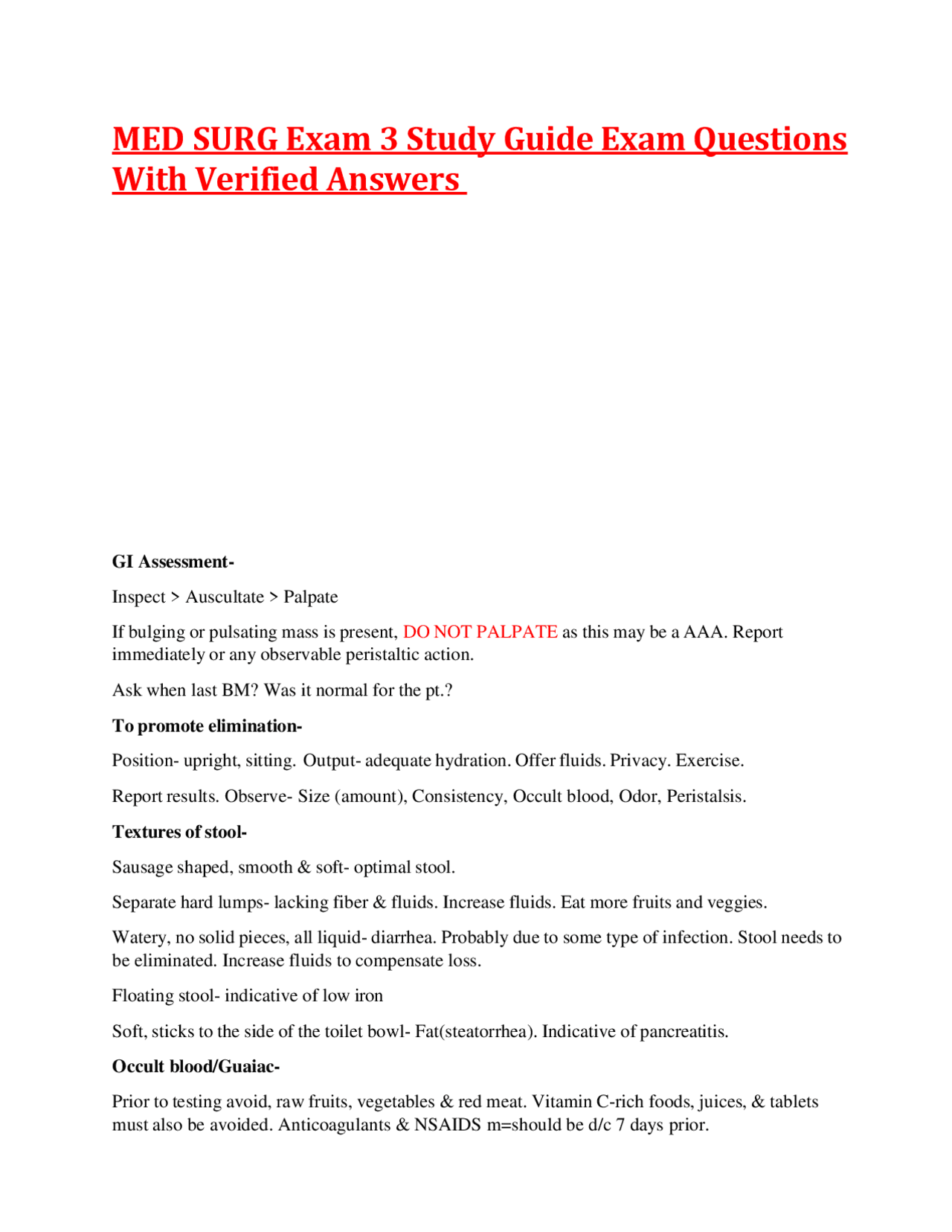 MED SURG Exam 3 Study Guide Exam Questions With Verified Answers ...