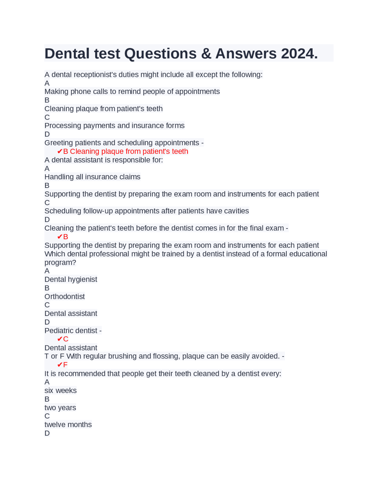 Dental test Questions & Answers 2024. Exams Dentistry Docsity